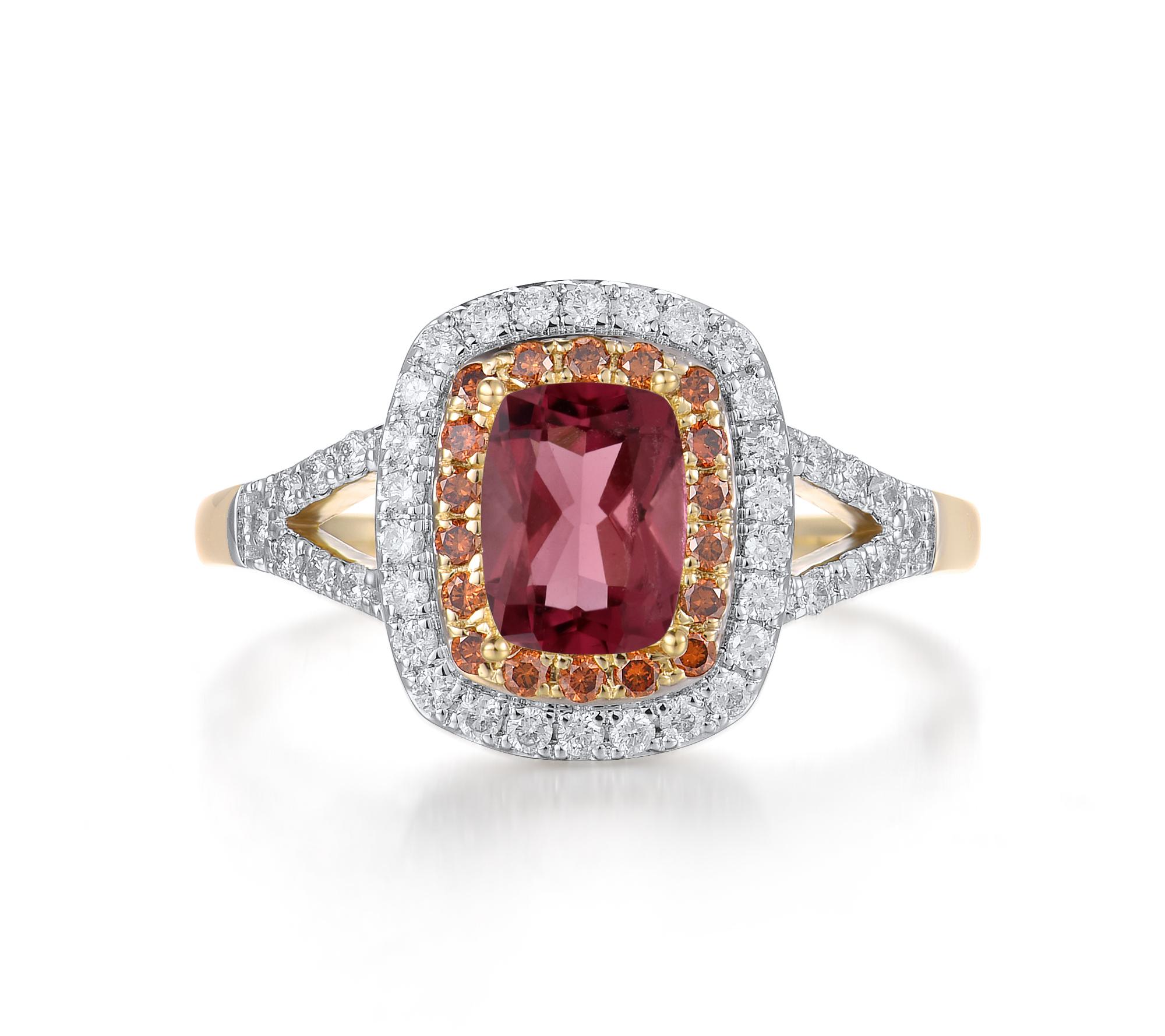 1,25 Karattw natürlicher rosa Turmalin/Diamant Halo-Ring in 14K zweifarbigem Gold Größe 7 (Zeitgenössisch) im Angebot