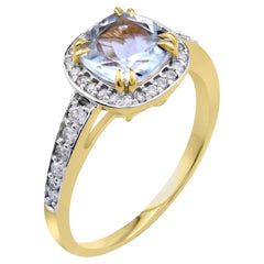 Gemistry 1.3 Carat Cushion Aquamarine Halo Solitaire Diamond Ring in 14K Gold