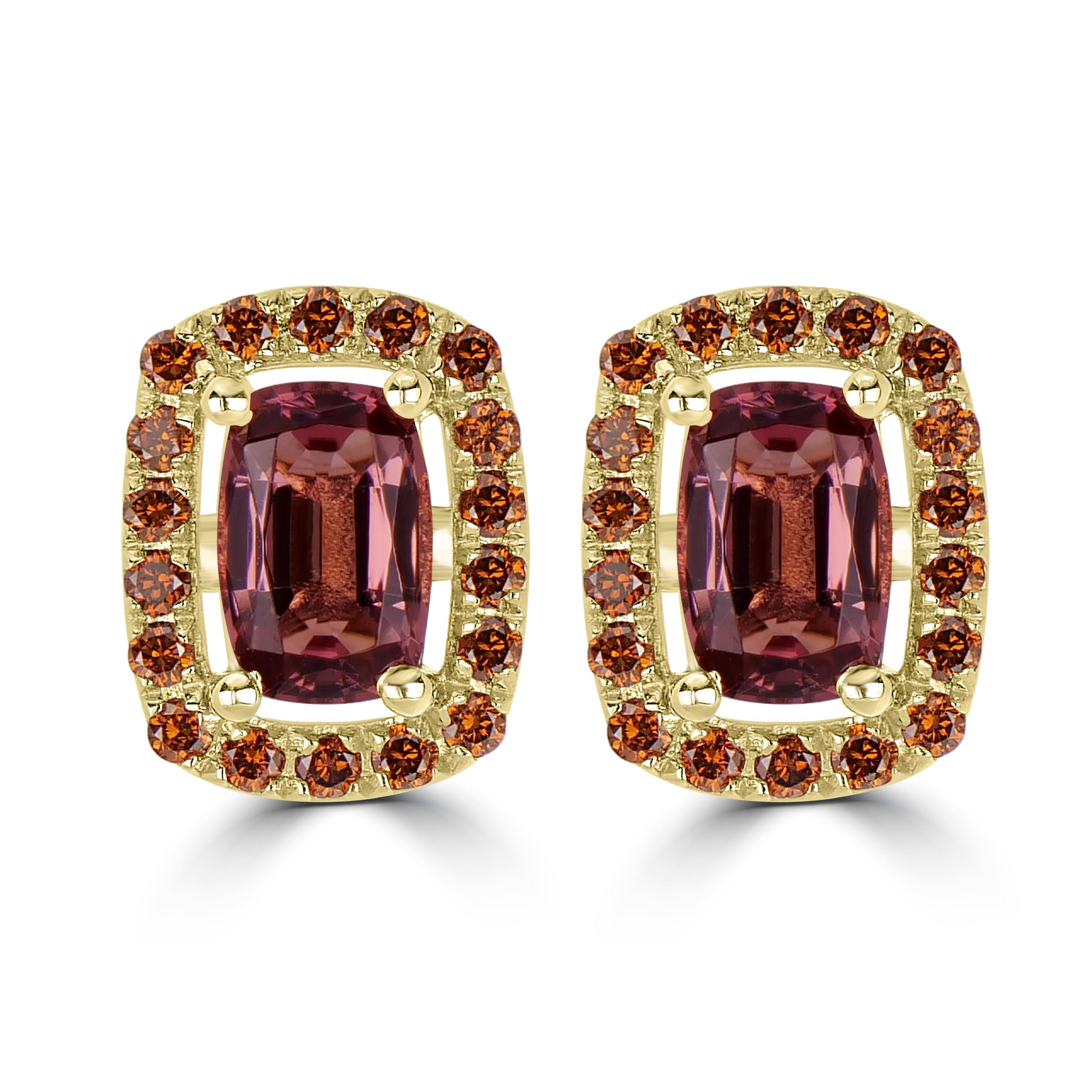 Contemporain Boucles d'oreilles Gemistry en jaune 14 carats avec tourmaline rose naturelle et diamants 1,31 carat en vente