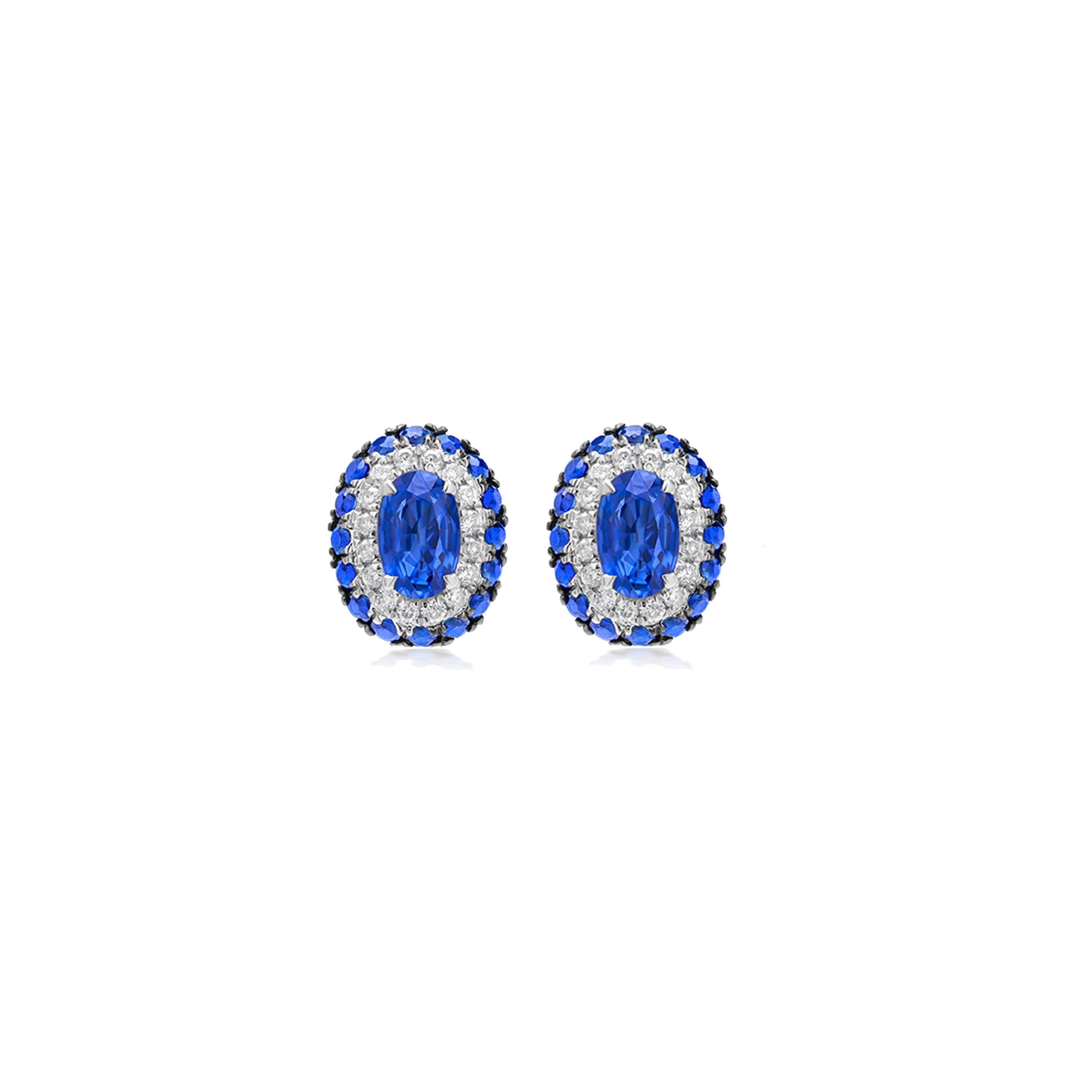 Oval Cut Gemistry 1.33cttw. Blue Sapphire and Diamond Stud Earrings in 18k White Gold