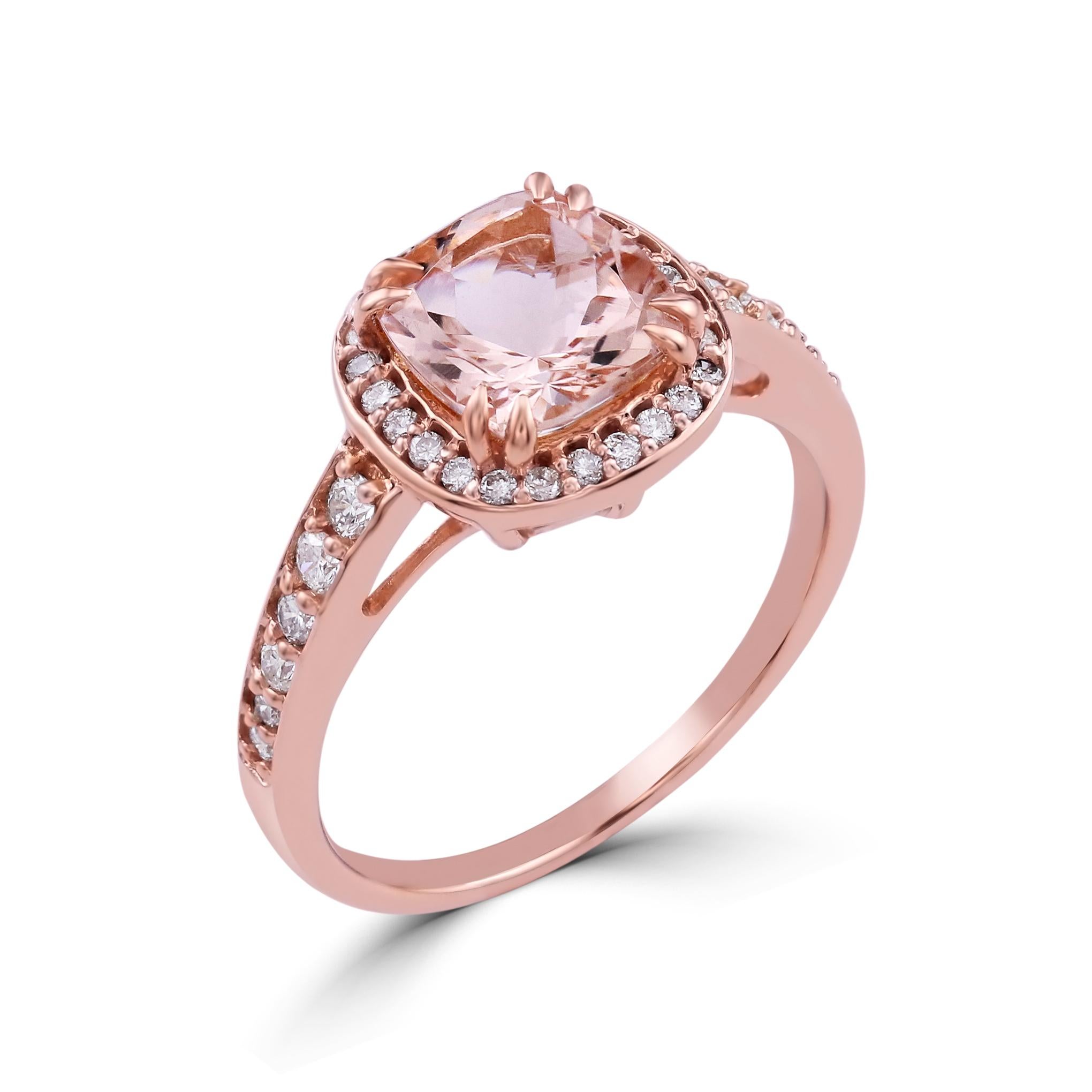 Set your sights on these Gemistry pretty pink gemstone solitaire ring ! This center design features a sparkling halo of round brilliant cut diamonds around the 1.4 carat cushion cut morganite, double prong set on a band of 14k rose gold. Round
