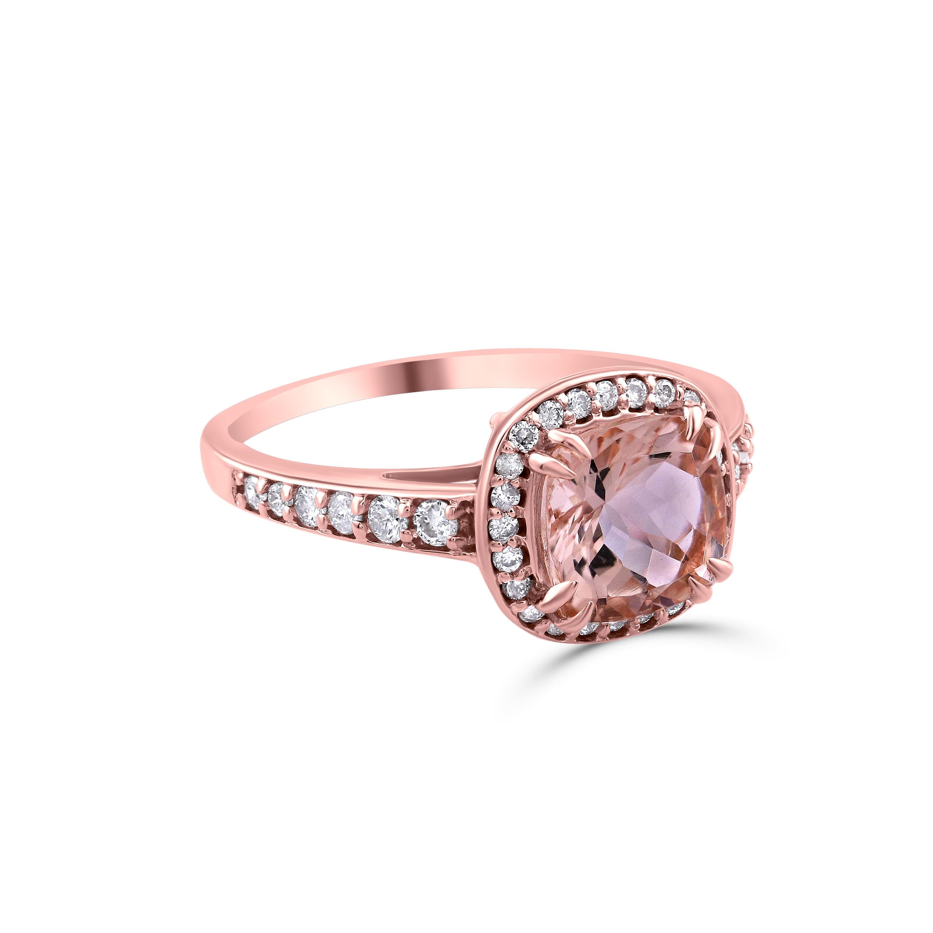 Contemporary Gemistry 1.4 Carat Cushion Morganite Halo Solitaire Diamond Ring in 14K Gold For Sale