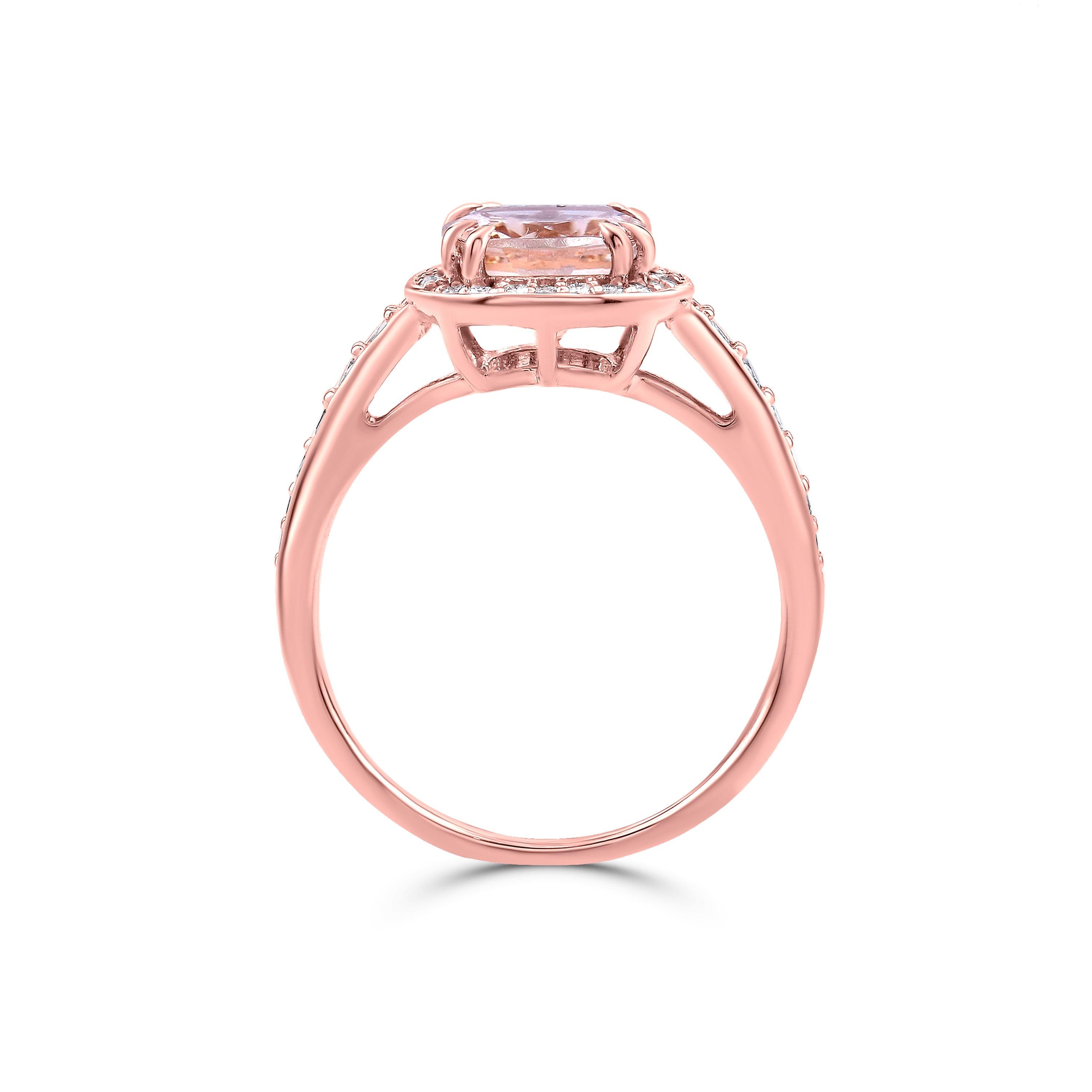 Gemistry 1.4 Carat Cushion Morganite Halo Solitaire Diamond Ring in 14K Gold In New Condition For Sale In New York, NY