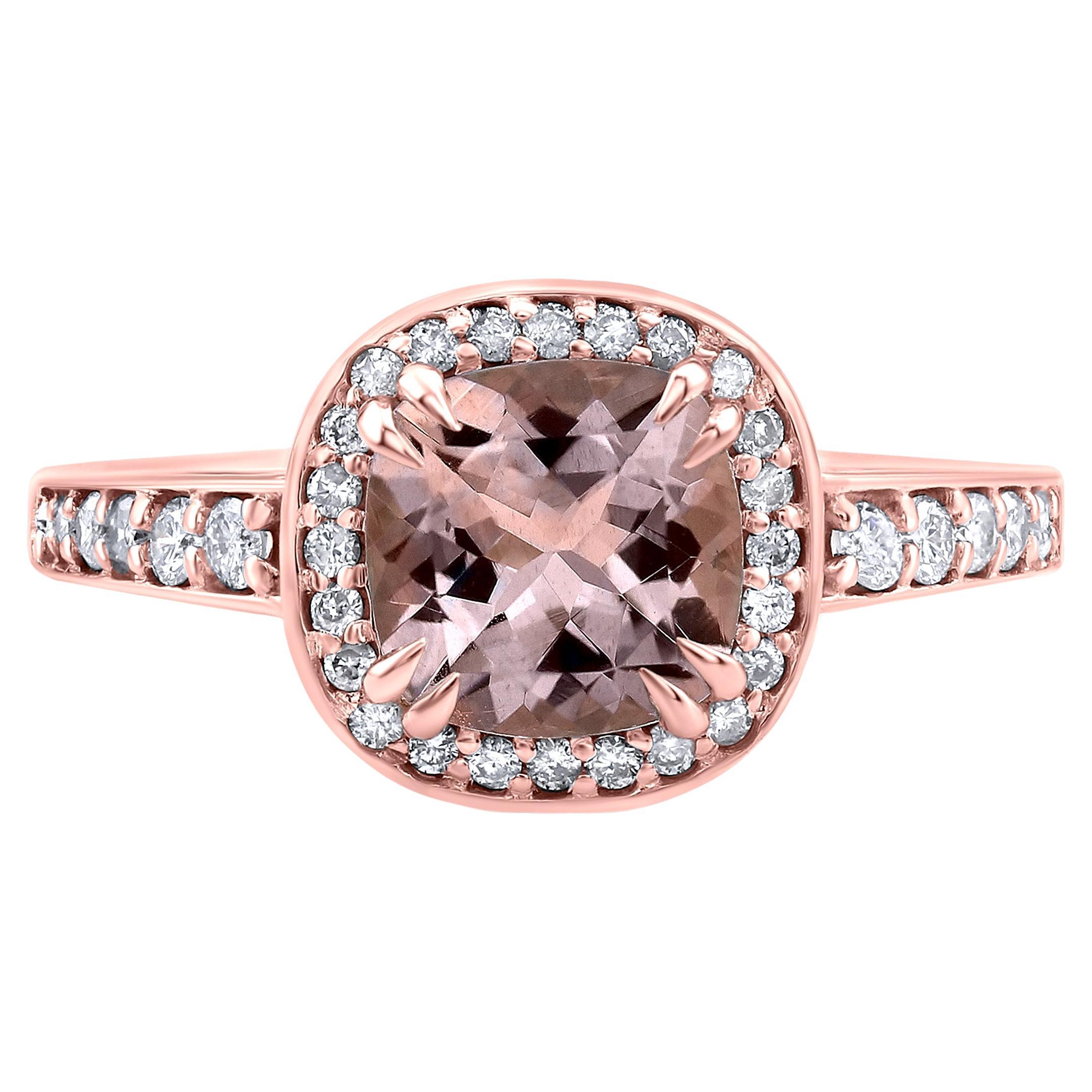 Gemistry 1.4 Carat Cushion Morganite Halo Solitaire Diamond Ring in 14K Gold For Sale