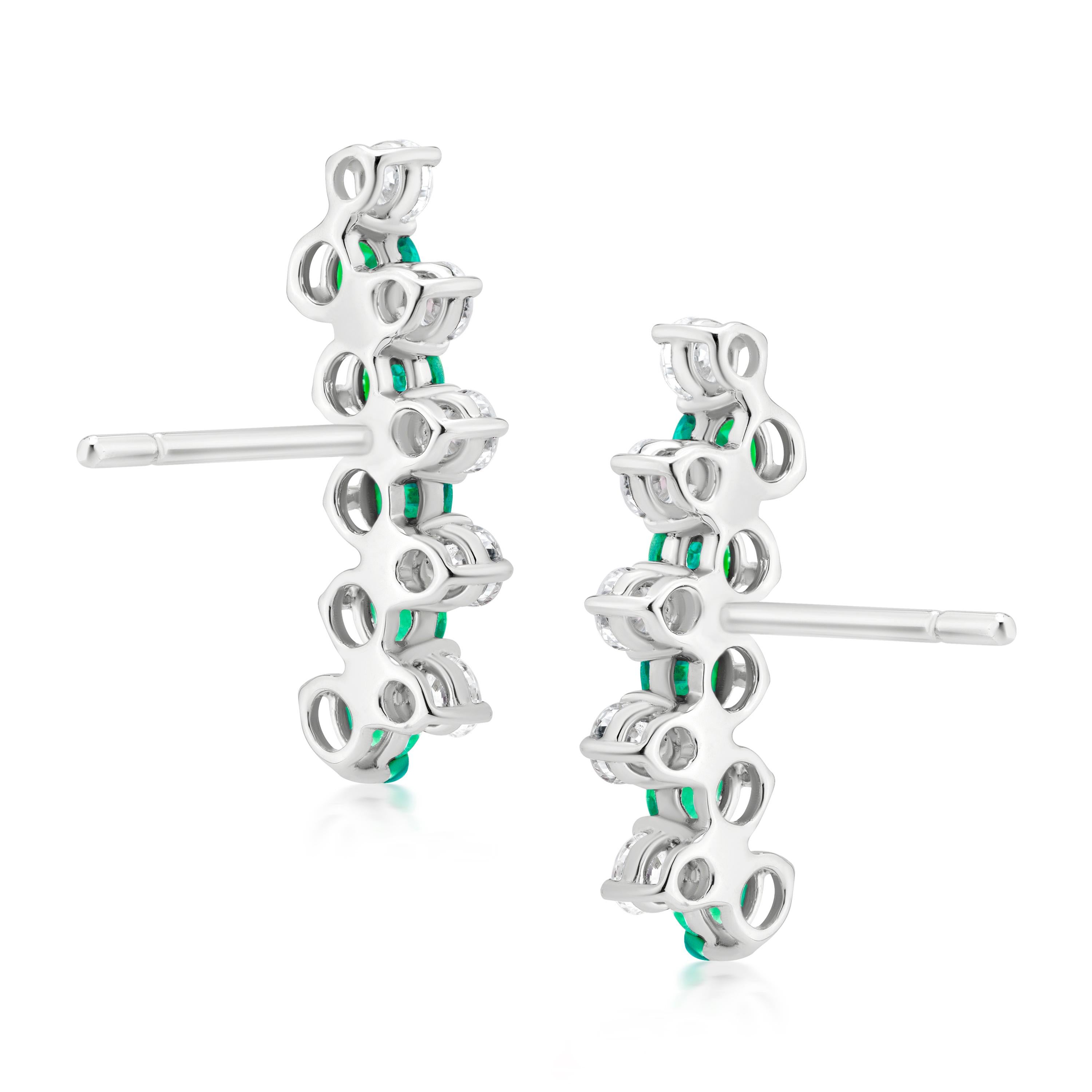 Contemporary Gemistry 1.48 Cttw. Ear Climber with Emerald and Diamond in 18K White Gold For Sale