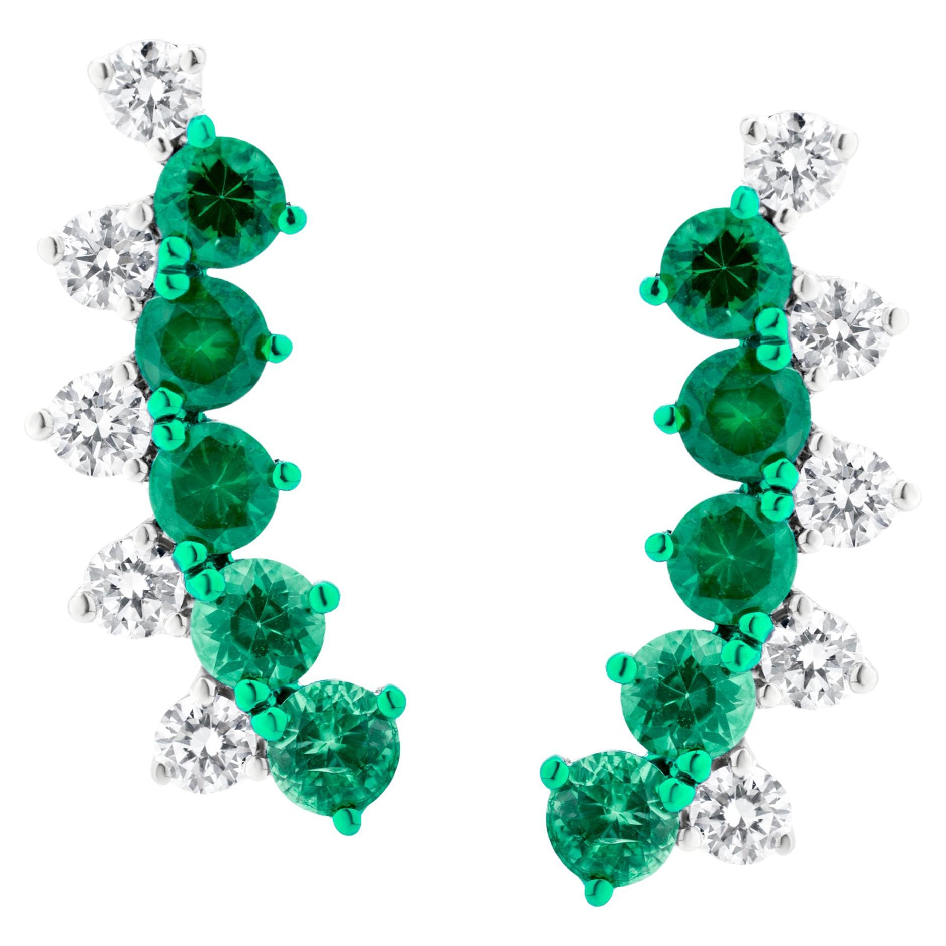 Gemistry 1.48 Cttw. Ear Climber with Emerald and Diamond in 18K White Gold