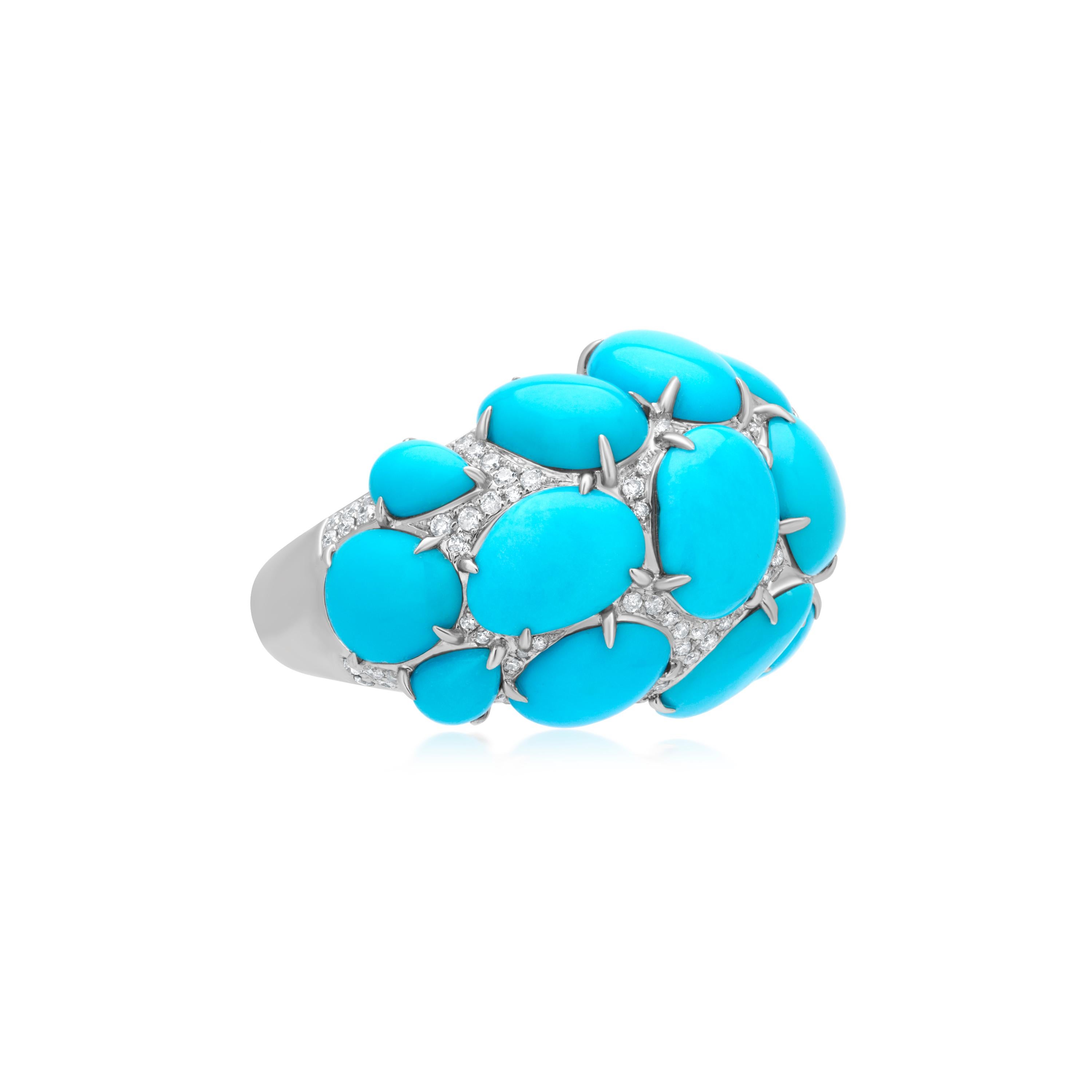 Contemporary Gemistry 14.97 Cttw. Turquoise and Diamond Cluster Dome Ring in 18k White Gold For Sale