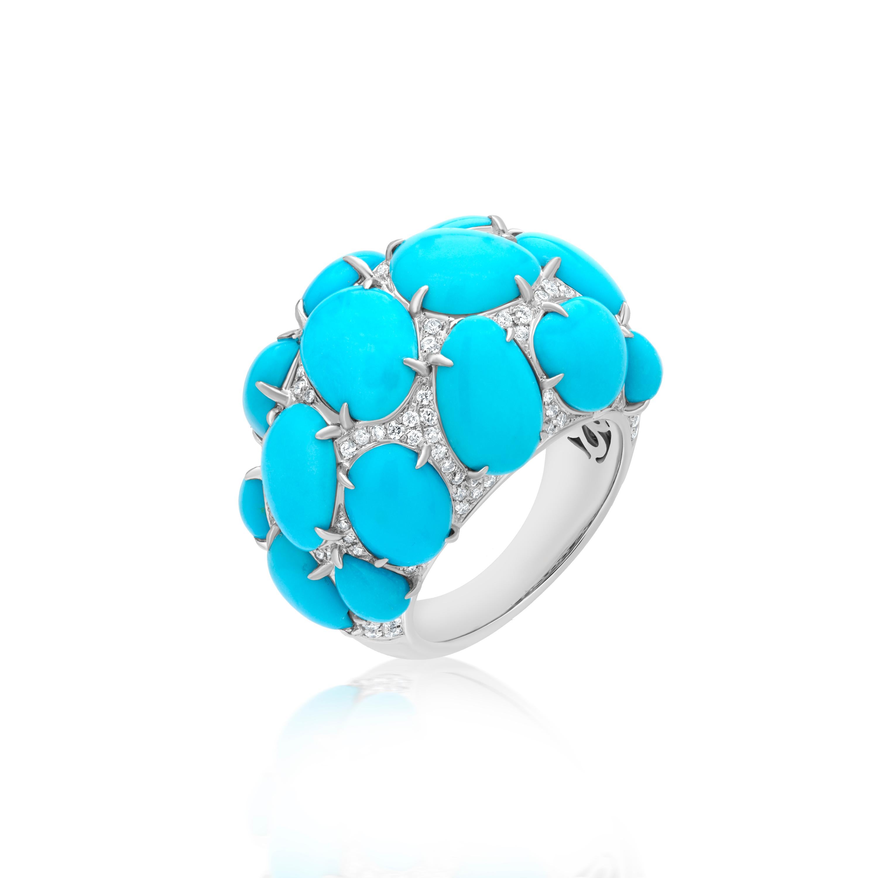 Pear Cut Gemistry 14.97 Cttw. Turquoise and Diamond Cluster Dome Ring in 18k White Gold For Sale