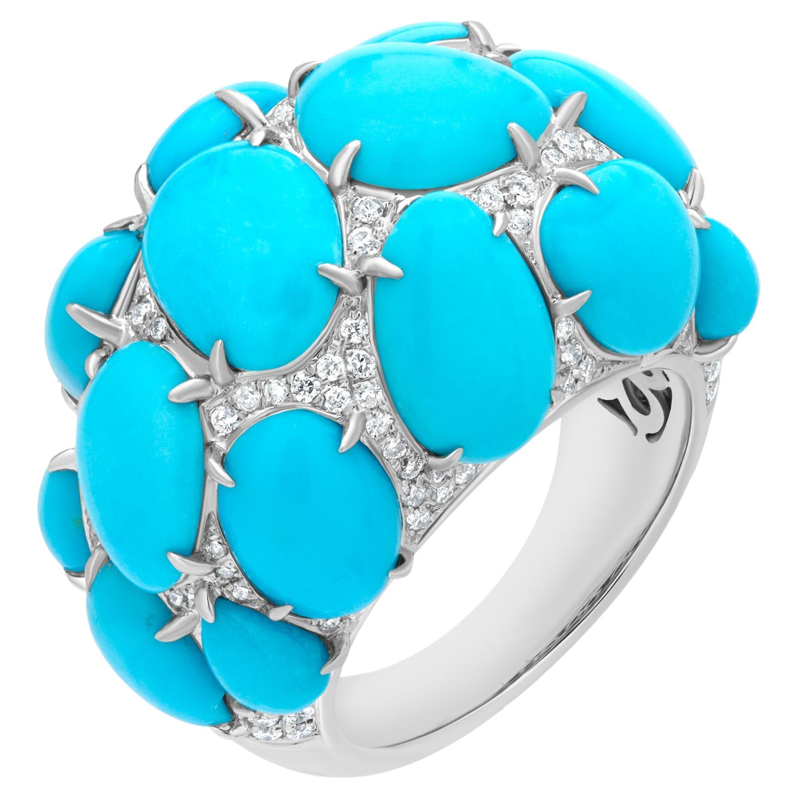 Gemistry 14.97 Cttw. Turquoise and Diamond Cluster Dome Ring in 18k White Gold For Sale