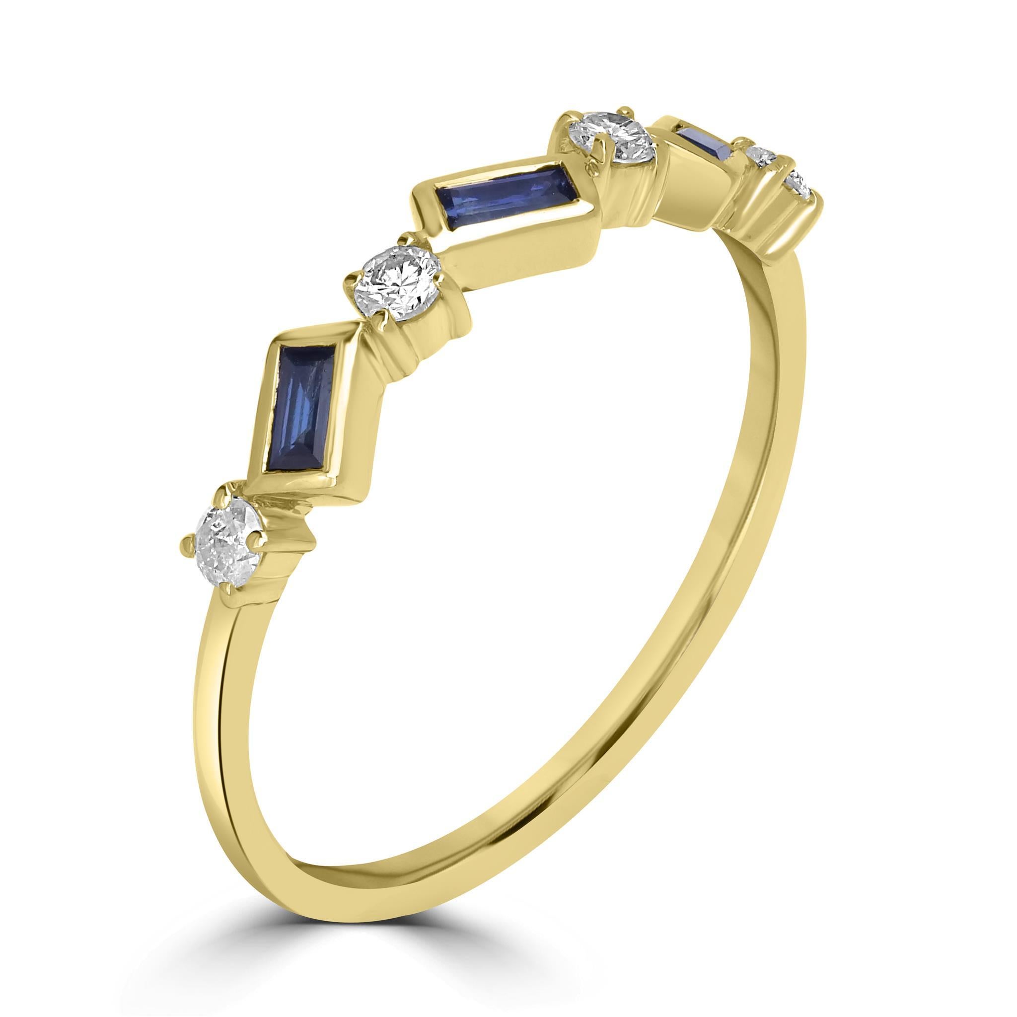 Introducing the Gemistry Brooke 7-Stone Slanted Baguette and Round Shape Gemstone Ring, a stunning addition to your jewelry collection. Hand crafted with 14kt gold , this prong-set ring features 3 genuine Blue Sapphire gemstones paired with 4 round