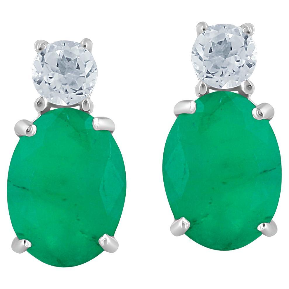 Gemistry 14K White Gold Oval Emerald and White Topaz Stud Earrings