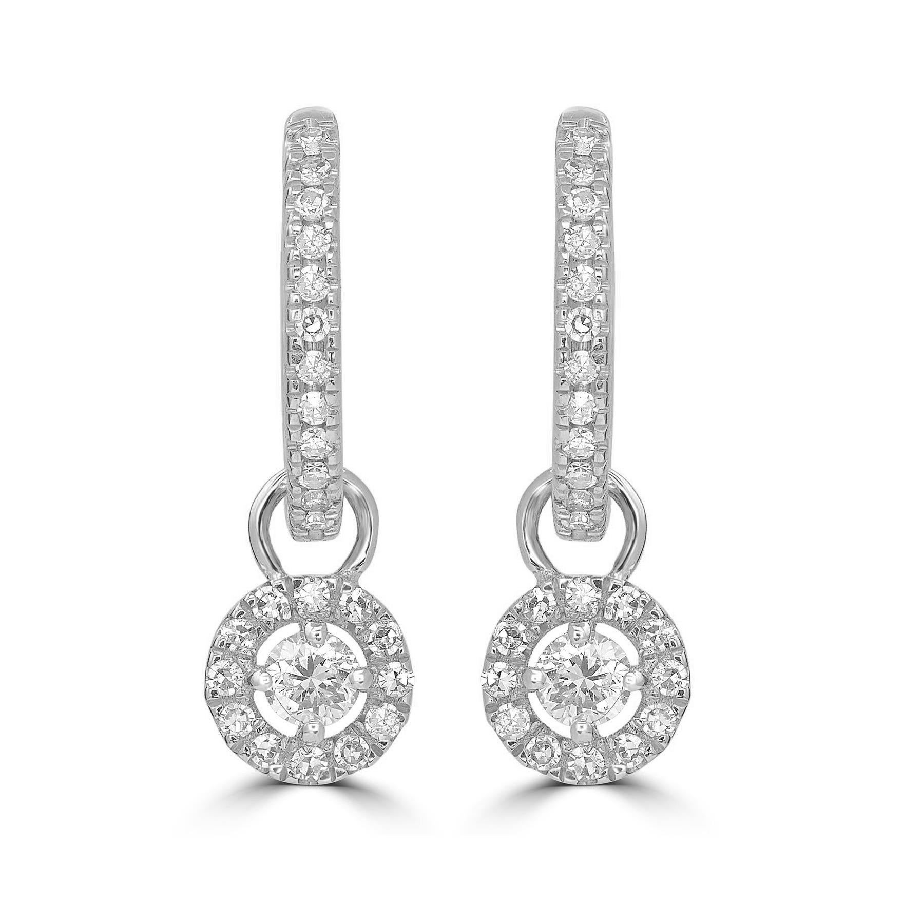 Fai un'ottima impressione con questi orecchini a cerchio a goccia realizzati in oro bianco 14k e diamanti autentici. Questi orecchini a lobo hanno un delizioso motivo circolare che scende verso il basso e si muove con chi li indossa. Questi