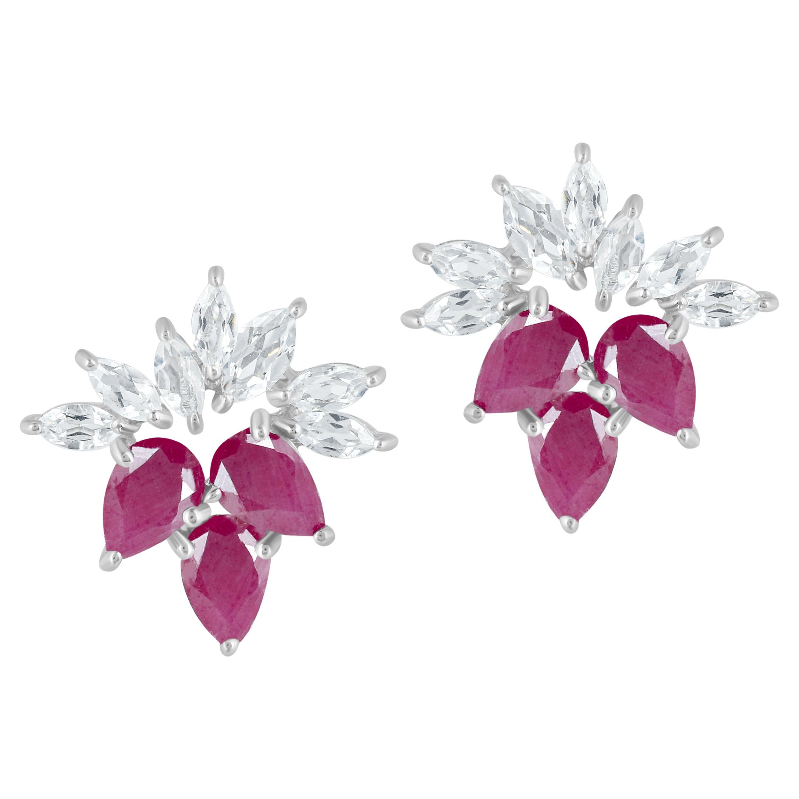 Gemistry 14K White Gold Ruby and White Topaz Stud Earrings