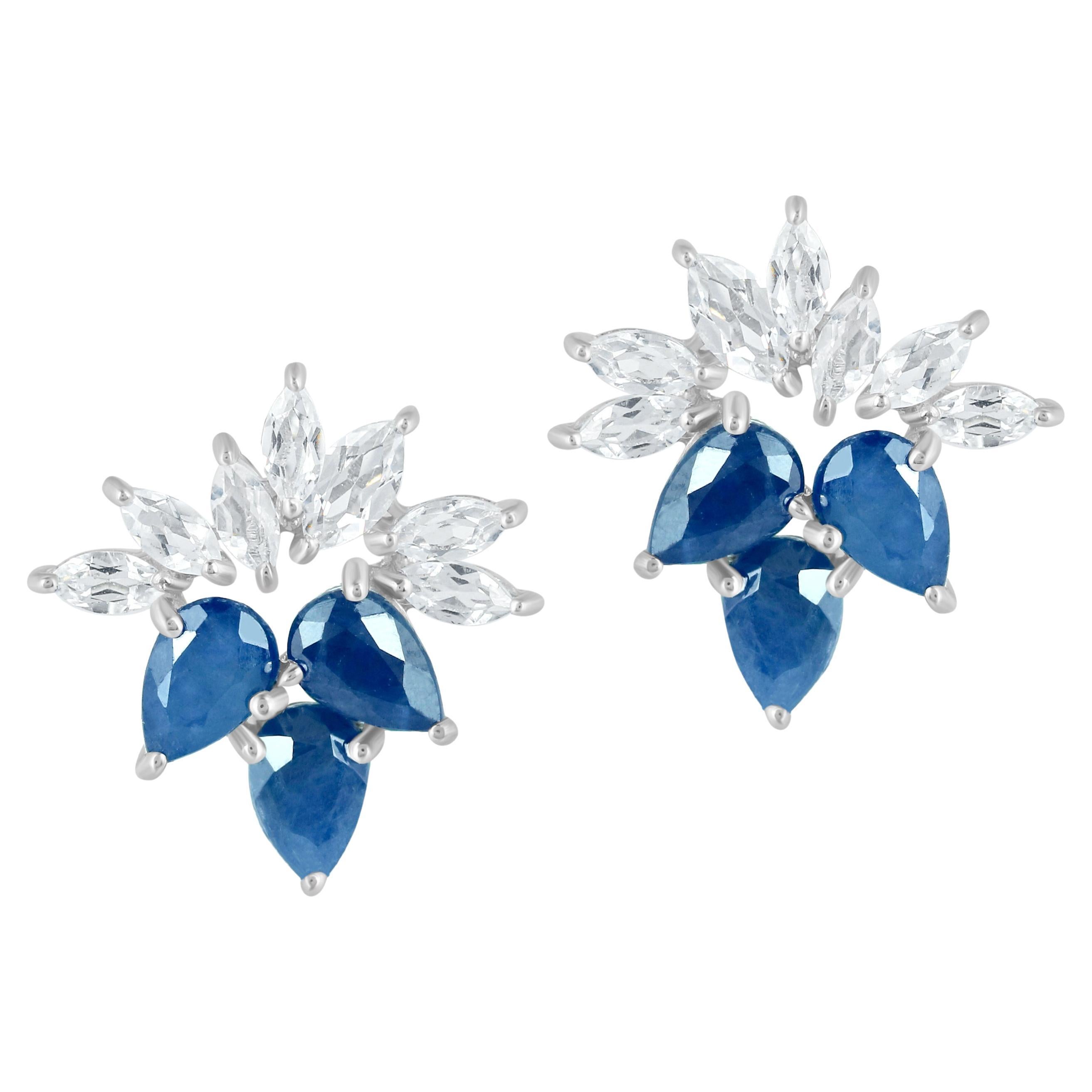 Gemistry 14K White Gold Sapphire and White Topaz Stud Earrings