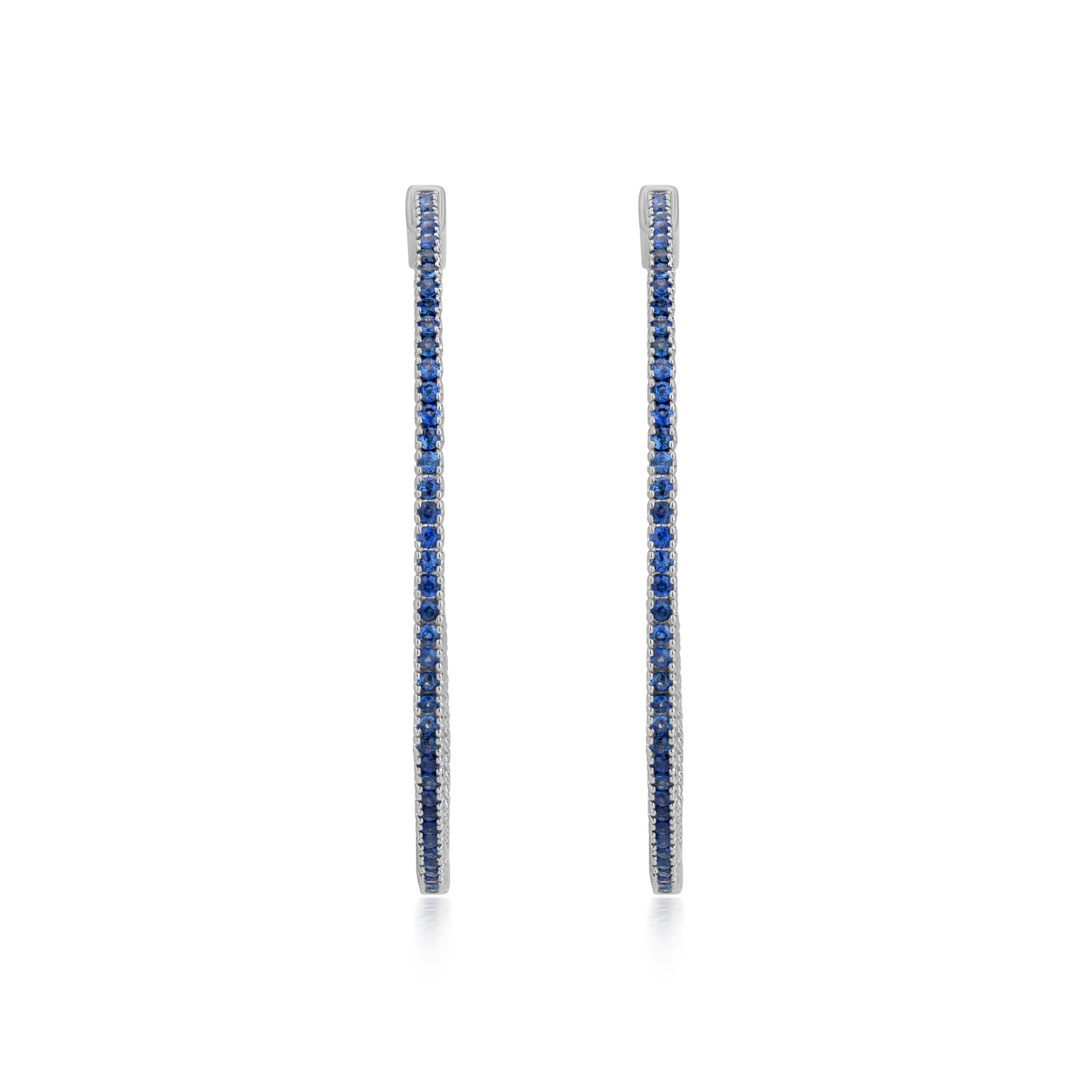 Round Cut Gemistry 1.52 Carat. T.W. Blue Sapphire Inside-Outside Hoop Earrings in 18k Gold For Sale