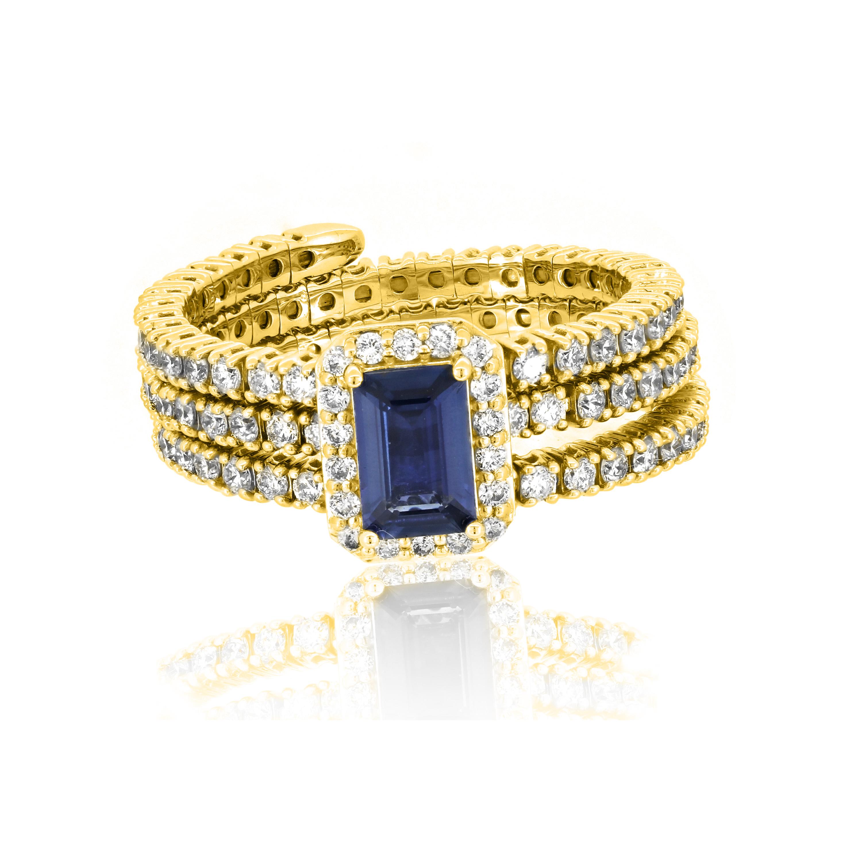 Contemporary Gemistry 1.57cttw Blue Sapphire and Diamond Adjustable Ring in 18k Yellow Gold For Sale