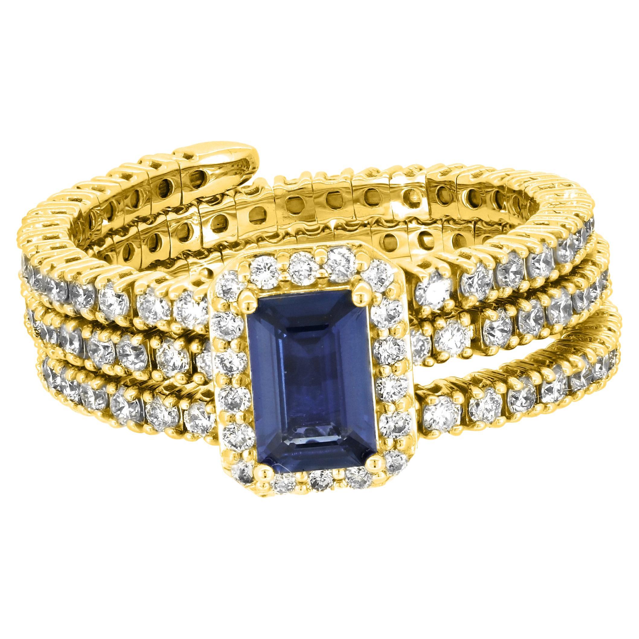 Gemisch 1.57 Cttw. Verstellbarer Ring aus 18 Karat Gelbgold mit blauem Saphir und Diamant im Angebot