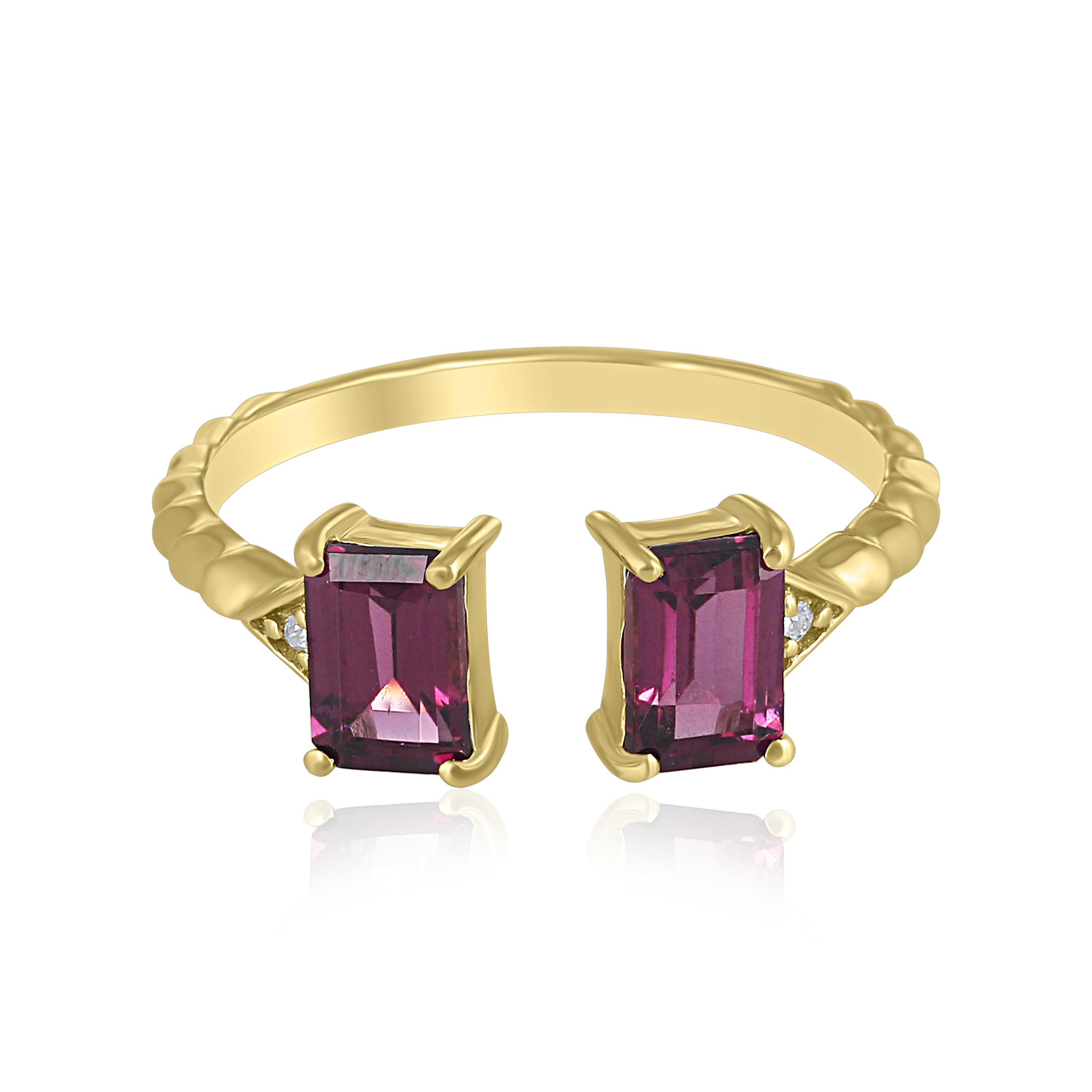 Octagon Cut Gemistry 1.57 Cttw. Rhodolite and Diamond Cuff Ring in 14K Yellow Gold For Sale