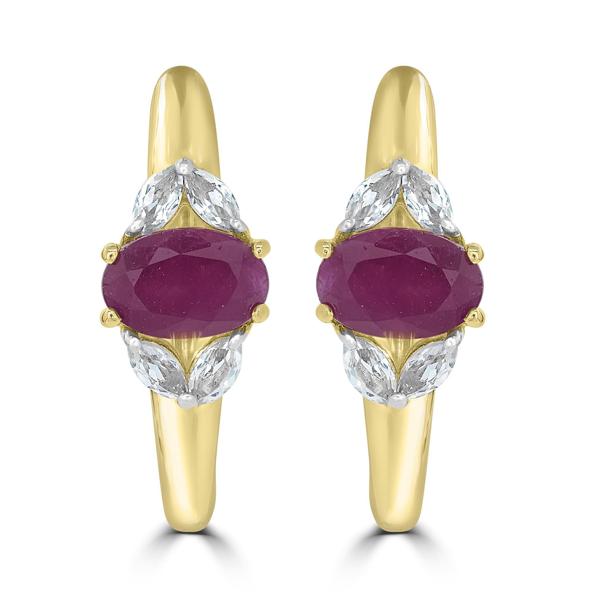 This 14K gold precious Gemistry gemstone hoop earrings features oval-shaped 1.63 carats rubies prong set horizontally on the front of the hoop. The rubies are surrounded on top and bottom by marquise-shaped white topaz stones prong set in 14K white