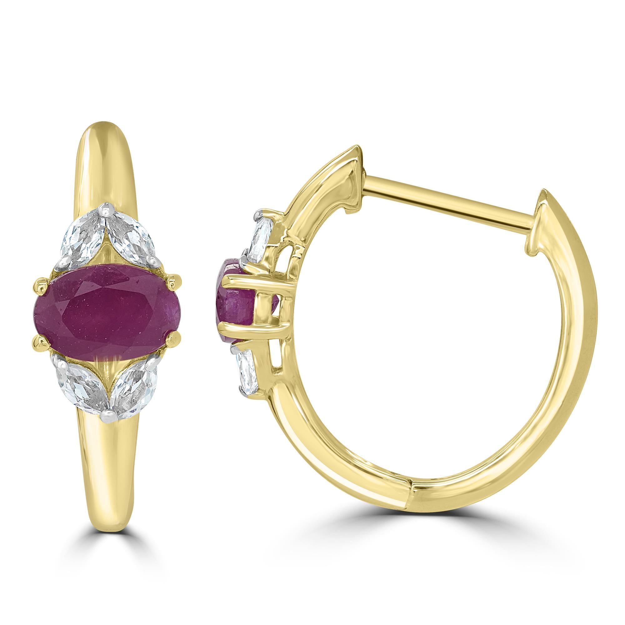 Contemporary Gemistry 1.6 Carats Oval Ruby Hoop Earrings in 14k Yellow Gold