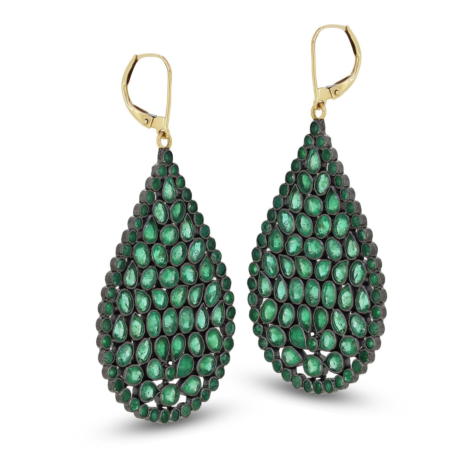 Introducing Gemistry 16 Cts. Emerald Victorian Pear Drop Earrings in 18K/14K Sterling Silver. These earrings are perfect for any special occasion, featuring verdant drops of emerald.  The drops are ensembled of pear and oval emeralds enclosed by