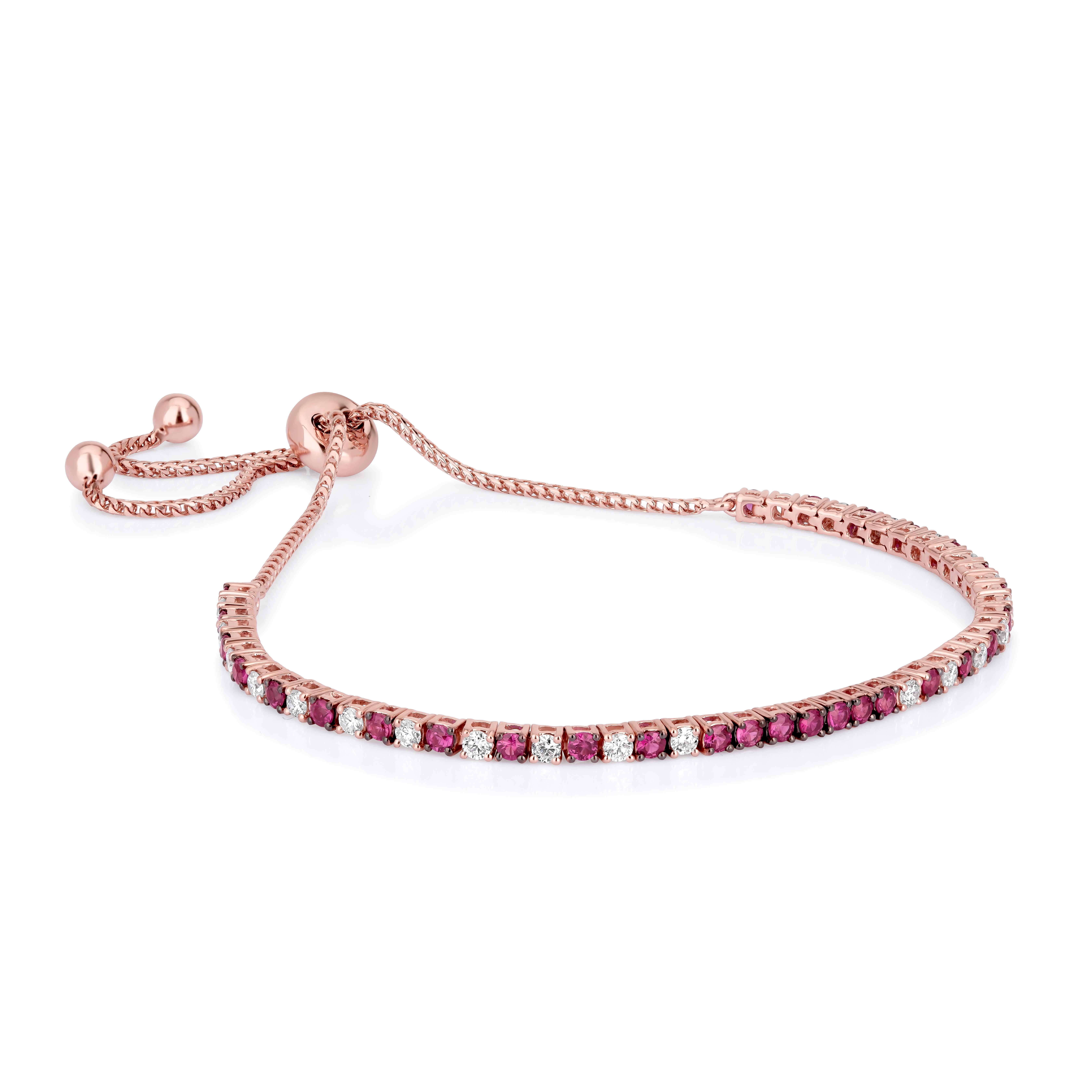 This lovely bracelet made of 18k Rose Gold. Round brilliant-cut diamonds are put in prong settings on this Gemistry bracelet along with round ruby stones. The 0.64 Ct. of diamonds have an I1 clarity and are GH in color. Beautiful rose gold bracelet