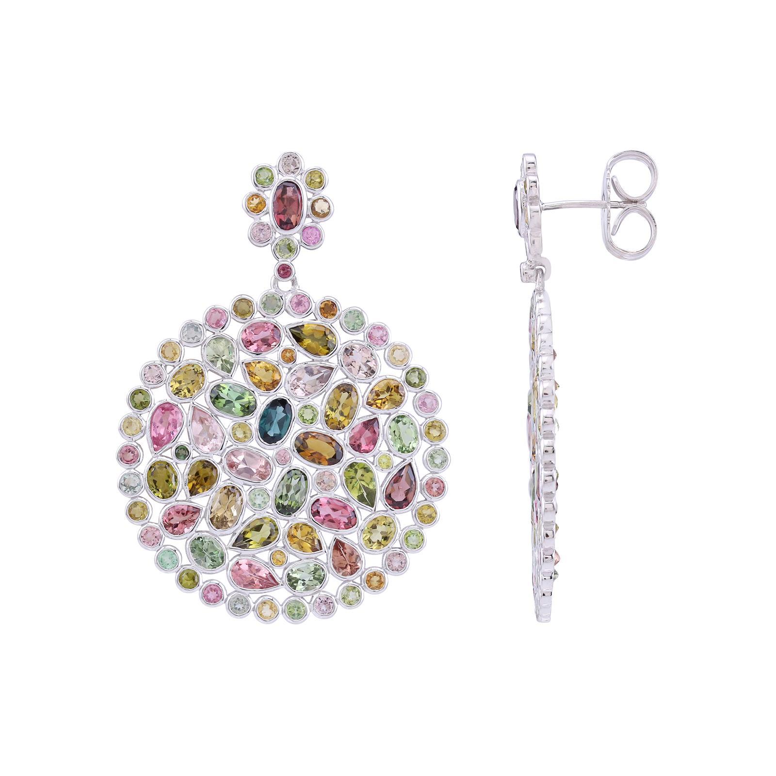Pendientes de turmalina natural multicolor Gemistry 17,25 qt en plata de ley 925 Corte redondo en venta