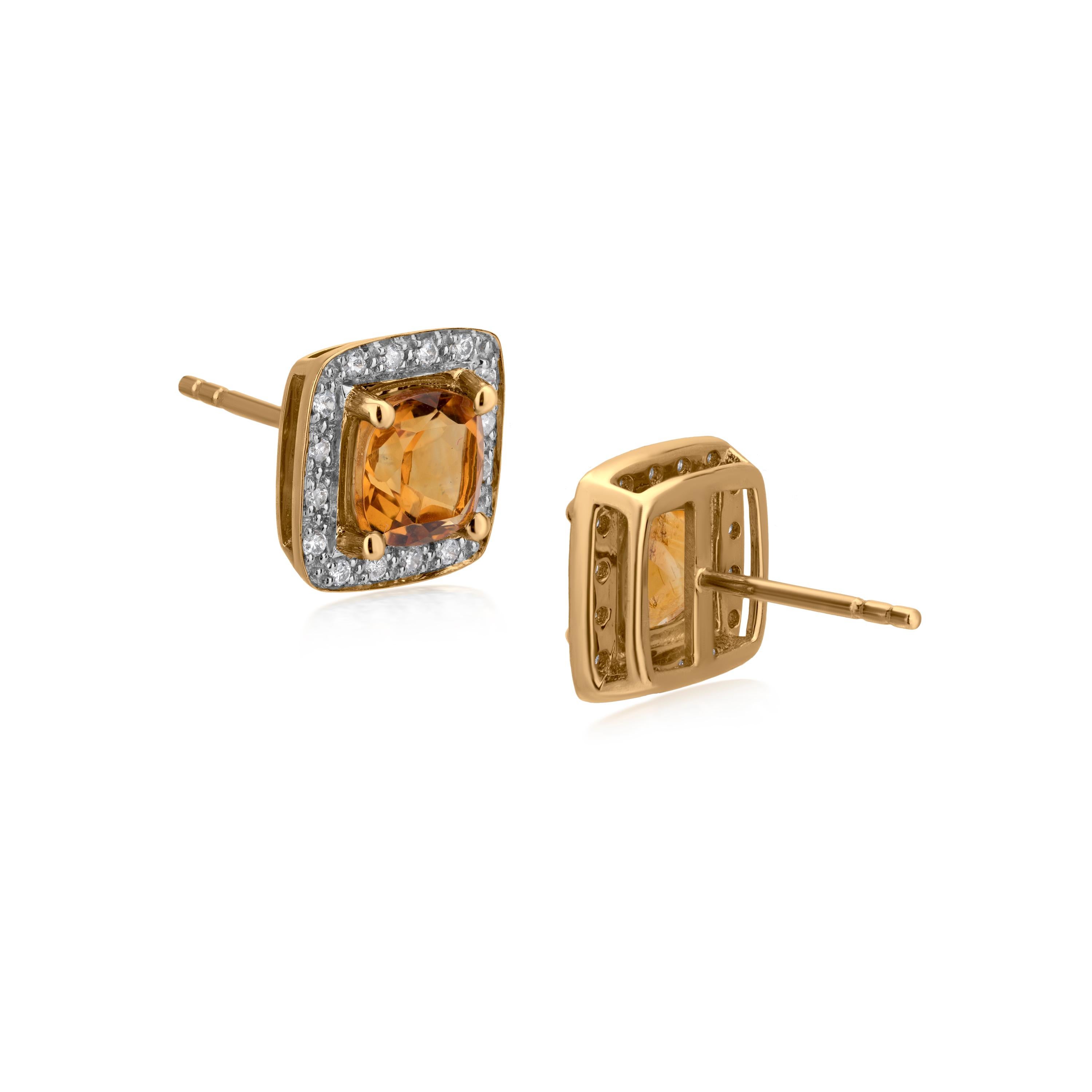 Contemporary Gemistry 1.78ct, Cushion Citrine Stud Earrings with Diamond Accents in 14k Gold