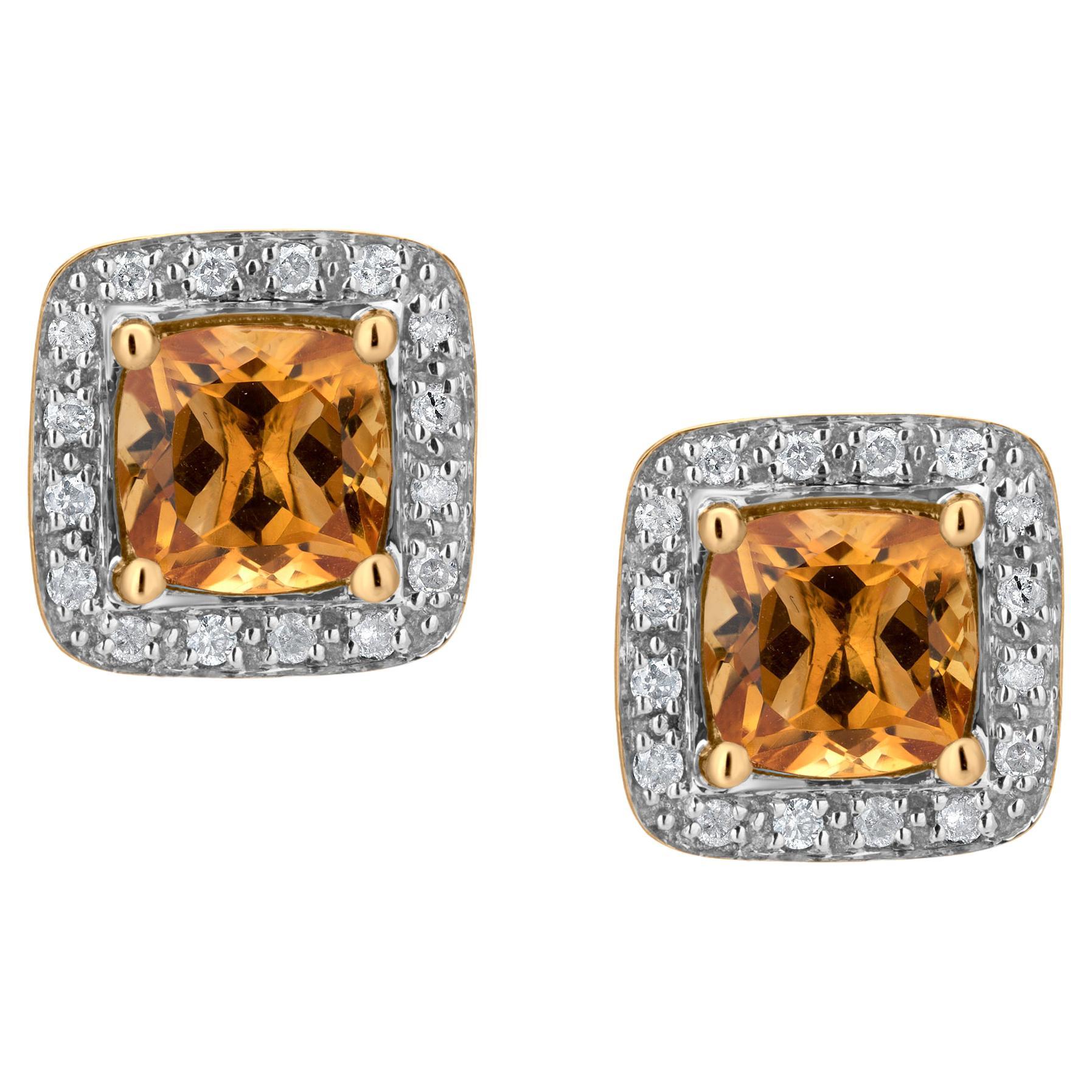 Gemistry 1.78ct, Cushion Citrine Stud Earrings with Diamond Accents in 14k Gold