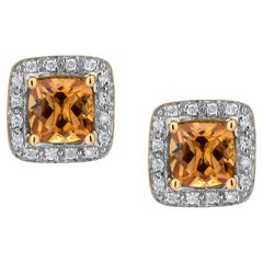 Gemistry 1.78ct, Cushion Citrine Stud Earrings with Diamond Accents in 14k Gold