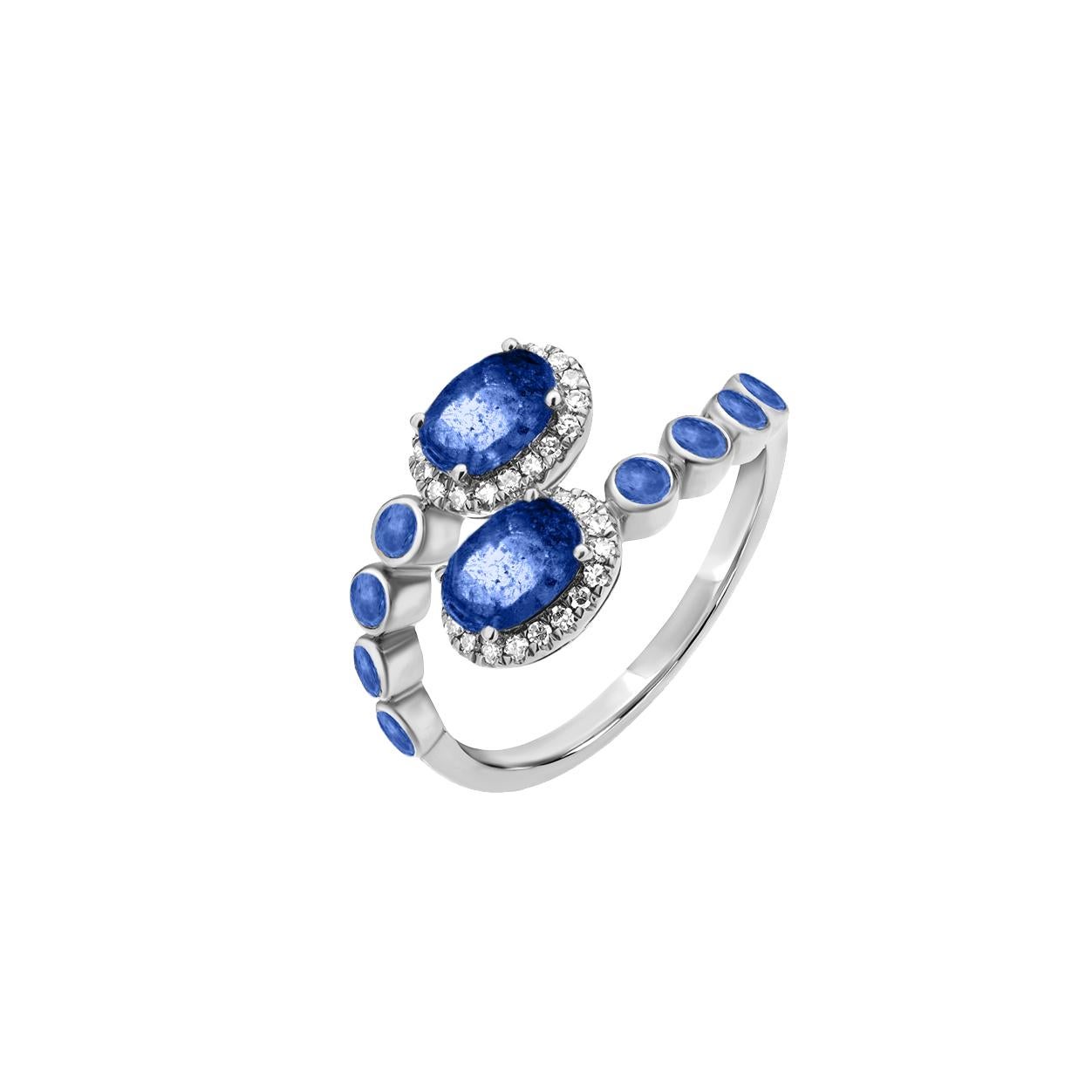 Contemporary Gemistry 1.87 Cttw. Diamond and Blue Sapphire Swirl Ring in 18k White Gold For Sale