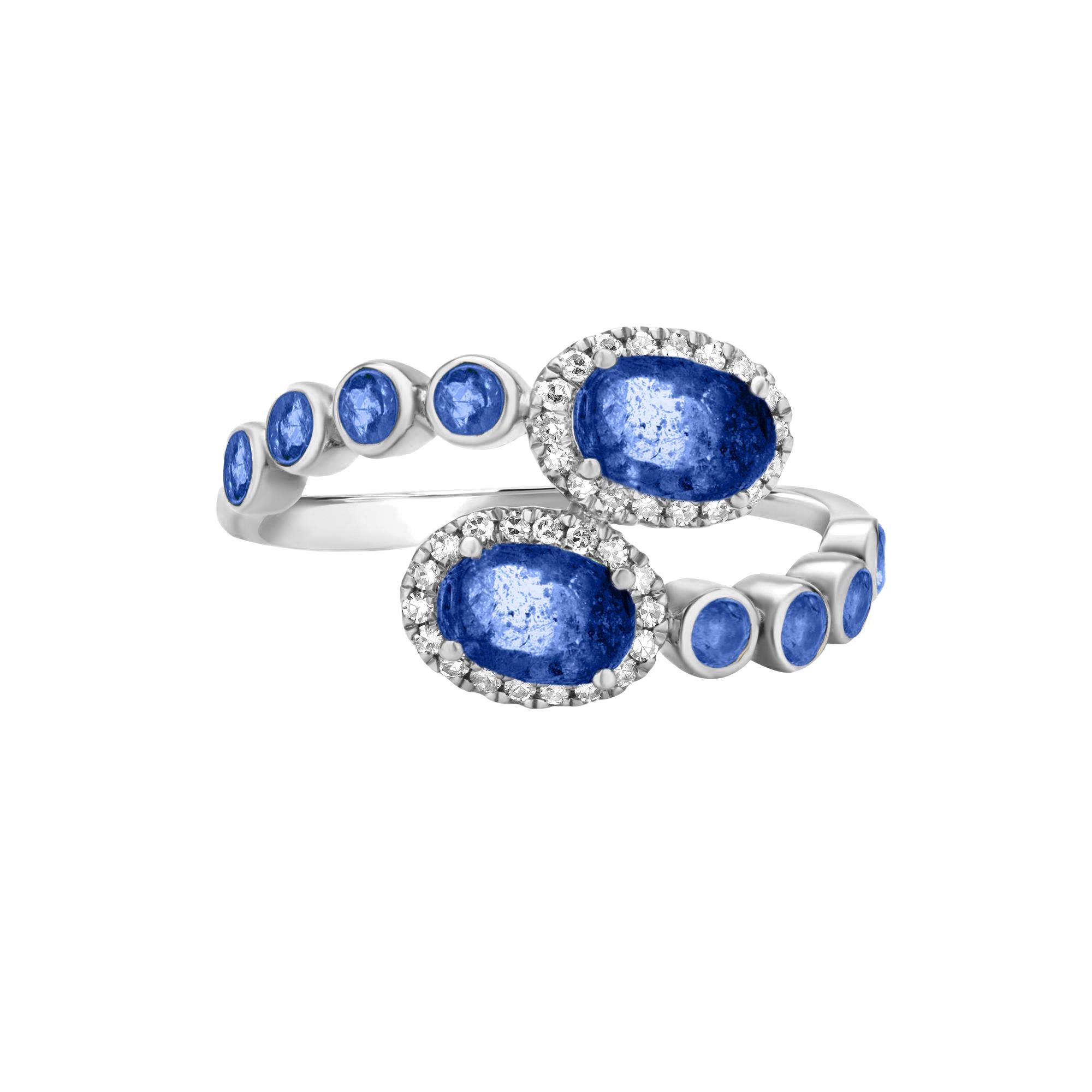 Oval Cut Gemistry 1.87 Cttw. Diamond and Blue Sapphire Swirl Ring in 18k White Gold For Sale