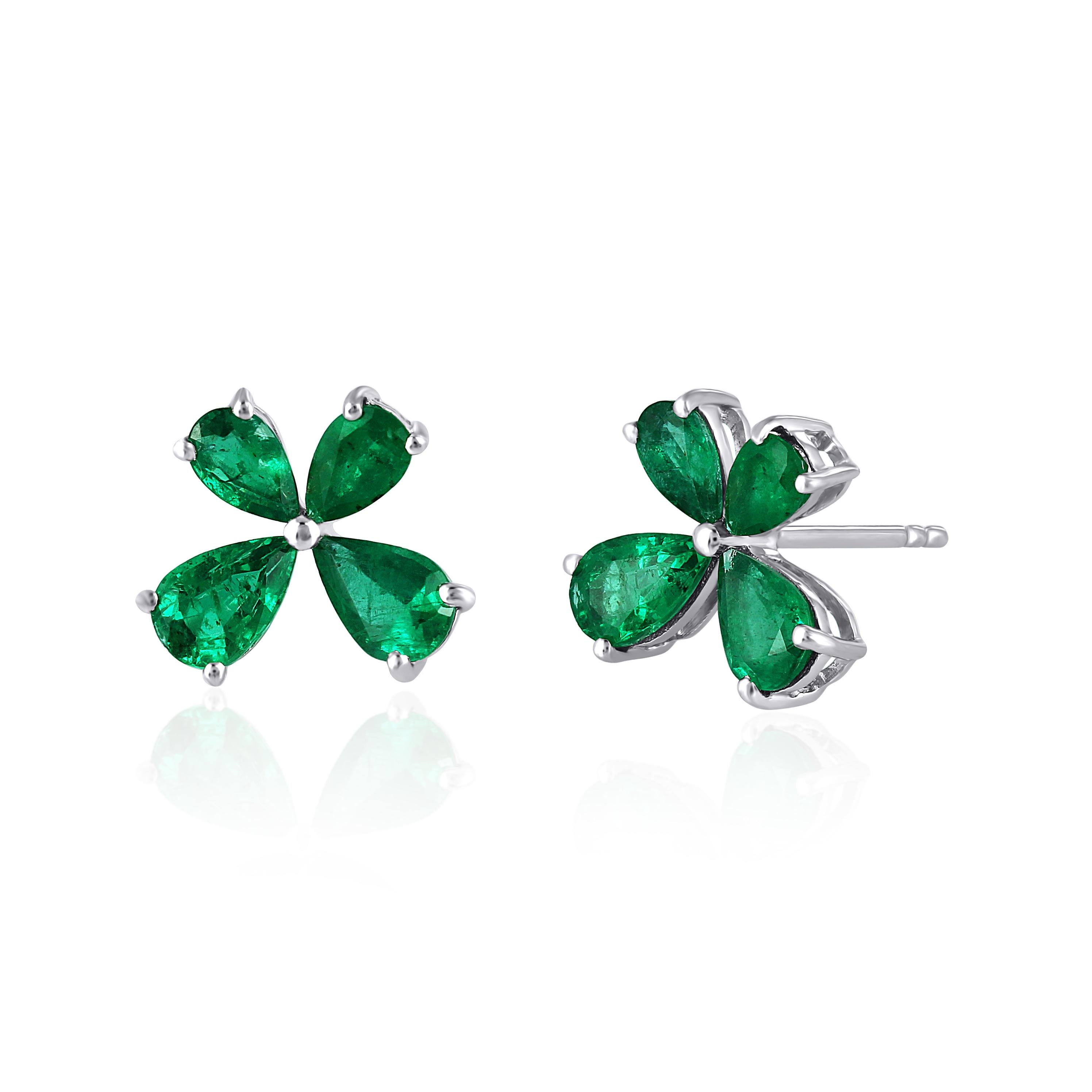 These Gemistry floral stud earrings have designs influenced by nature! Green emeralds weighing 2.16 carats total weight are set in polished 18k white gold as petals of our growing flower stud earrings. These contemporary stud earrings make the ideal
