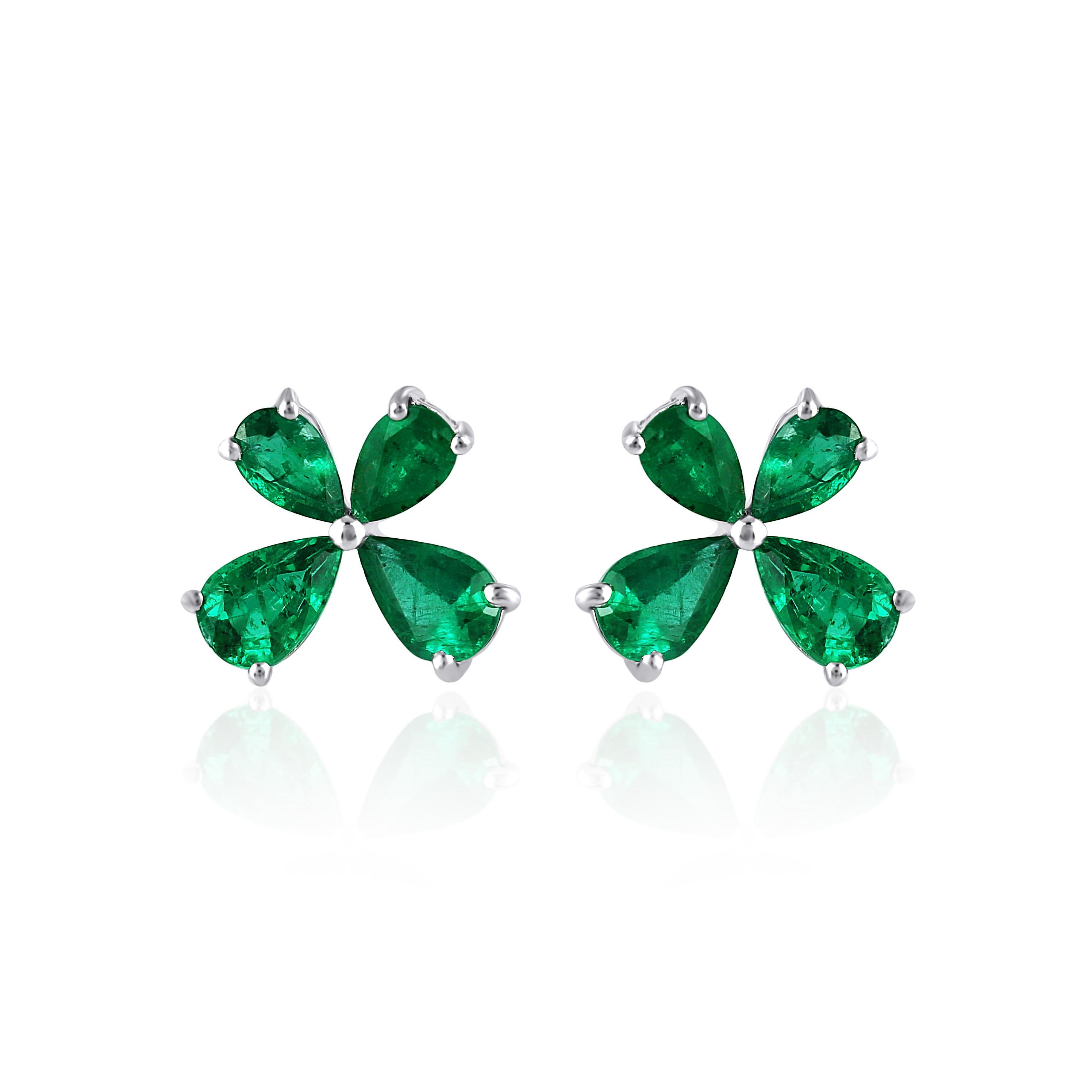 Contemporary Gemistry 2.16ct T.W. Pear Emerald Floral Stud Earrings in 18k White Gold For Sale