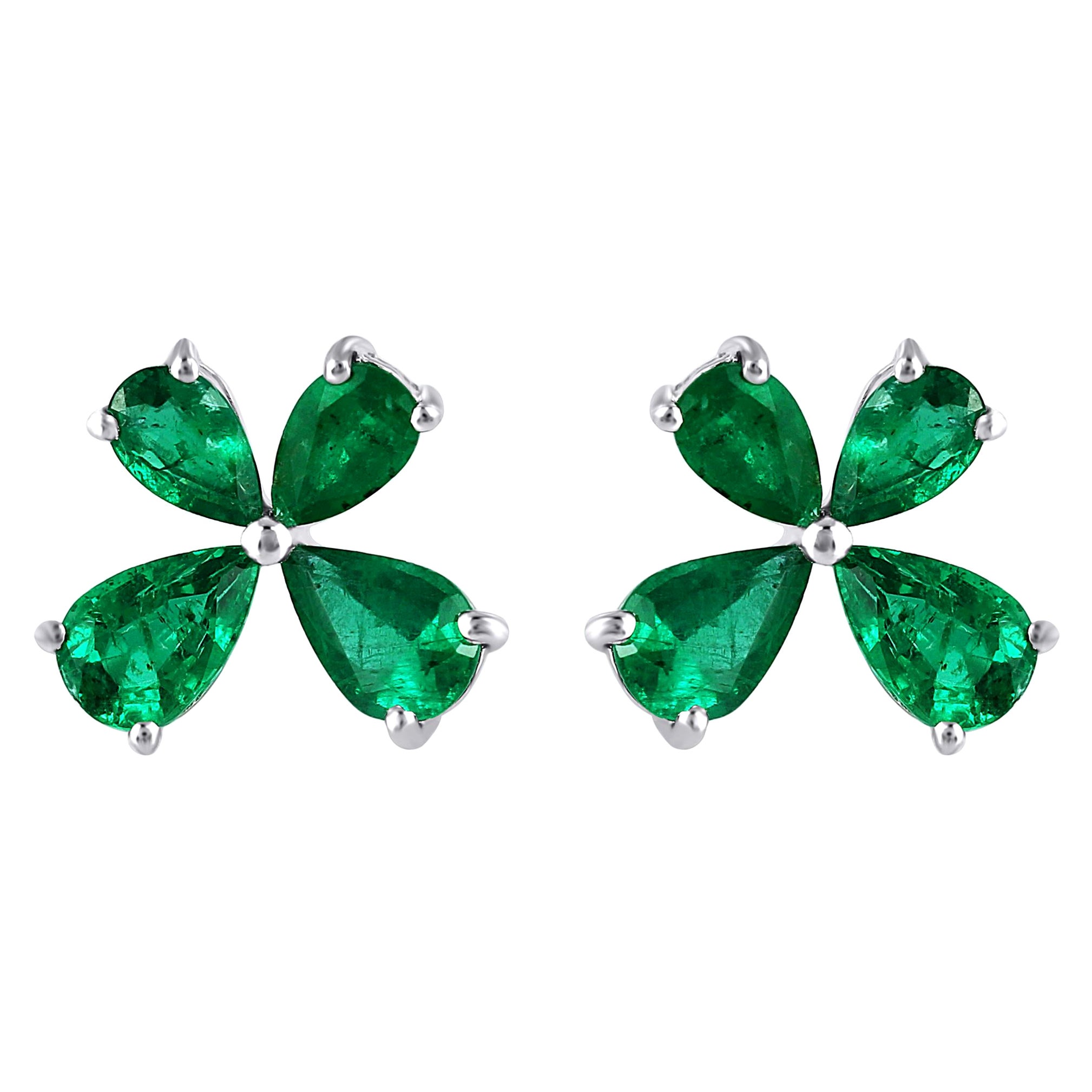 Gemistry 2.16ct T.W. Pear Emerald Floral Stud Earrings in 18k White Gold For Sale