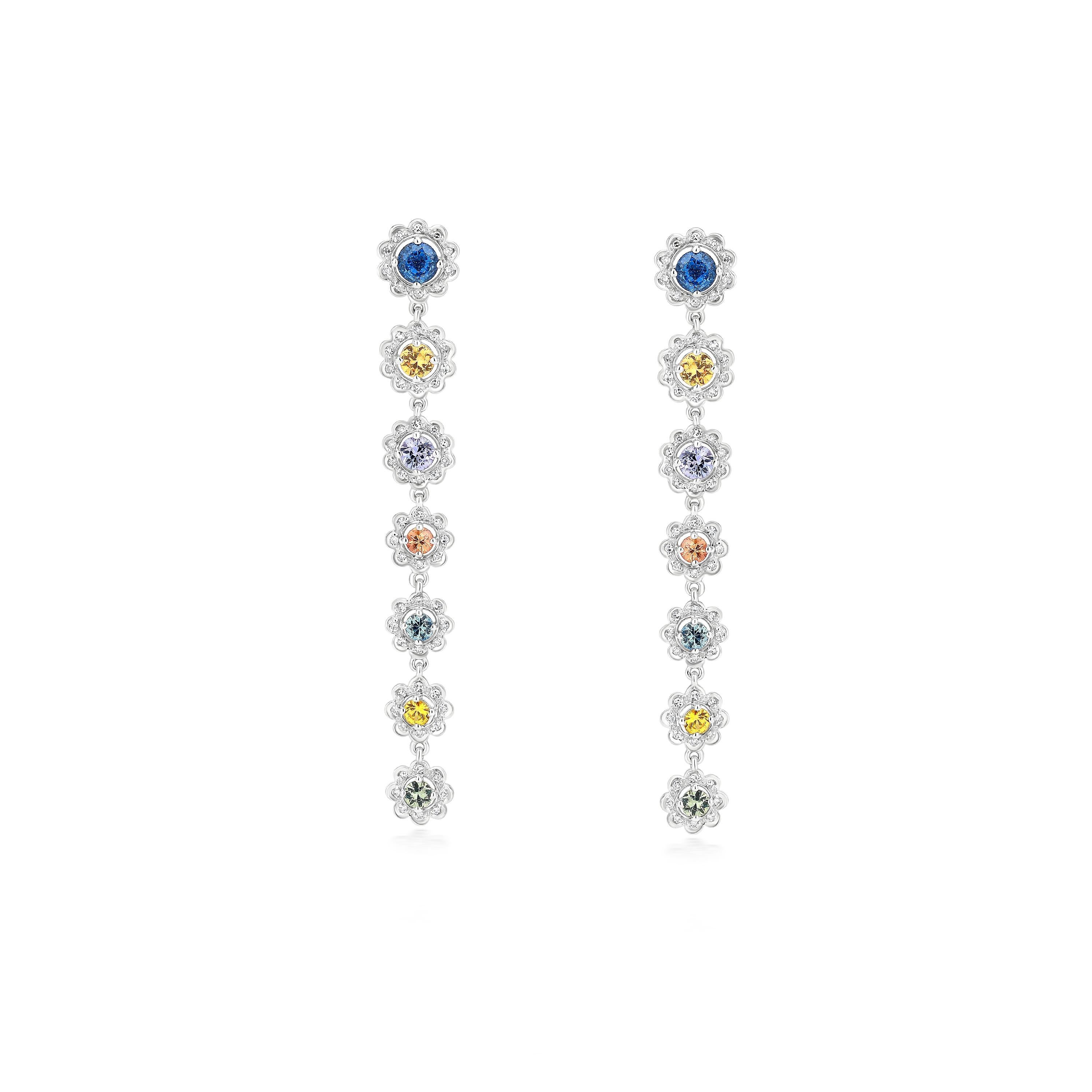 Gemisch 2.18 Karat. Mehrfarbige Saphir- und Diamant-Tropfen-Ohrringe aus 18 Karat Weißgold  (Rundschliff) im Angebot