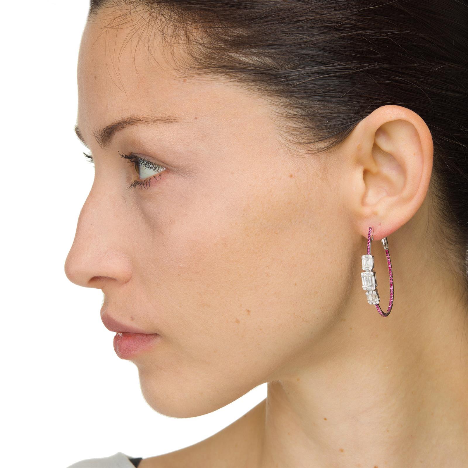 Baguette Cut 2.25 Cttw. Natural Diamond and Ruby Inside-Out Hoop Earrings in 18k White Gold