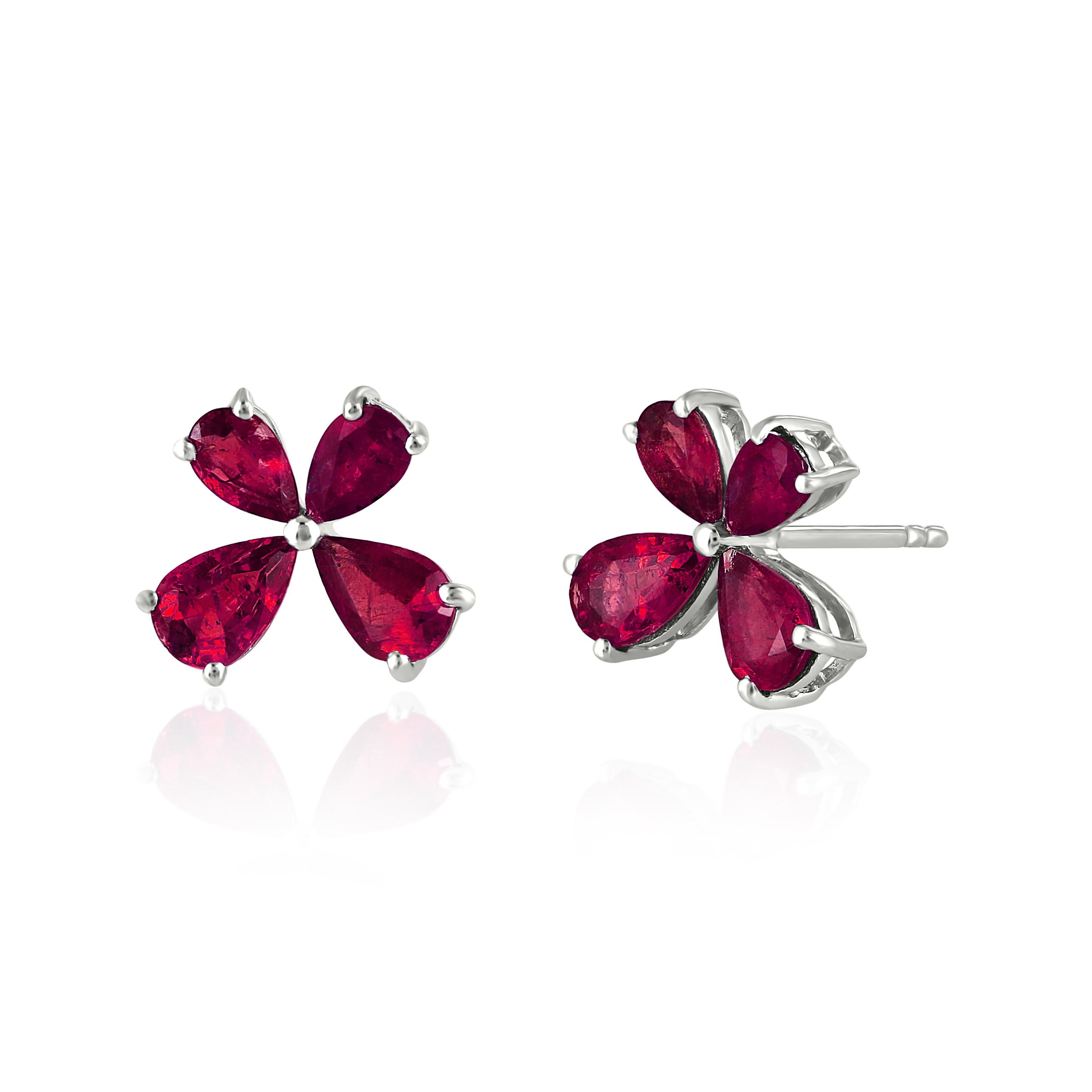 This distinctive gold jewelry is set by Gemistry in 18K white gold and has a regal appearance. These contemporary stud earrings include 2.45 ct. of pear-shaped rubies in a prong setting and pin-push design. For Sunday cocktail parties and Saturday