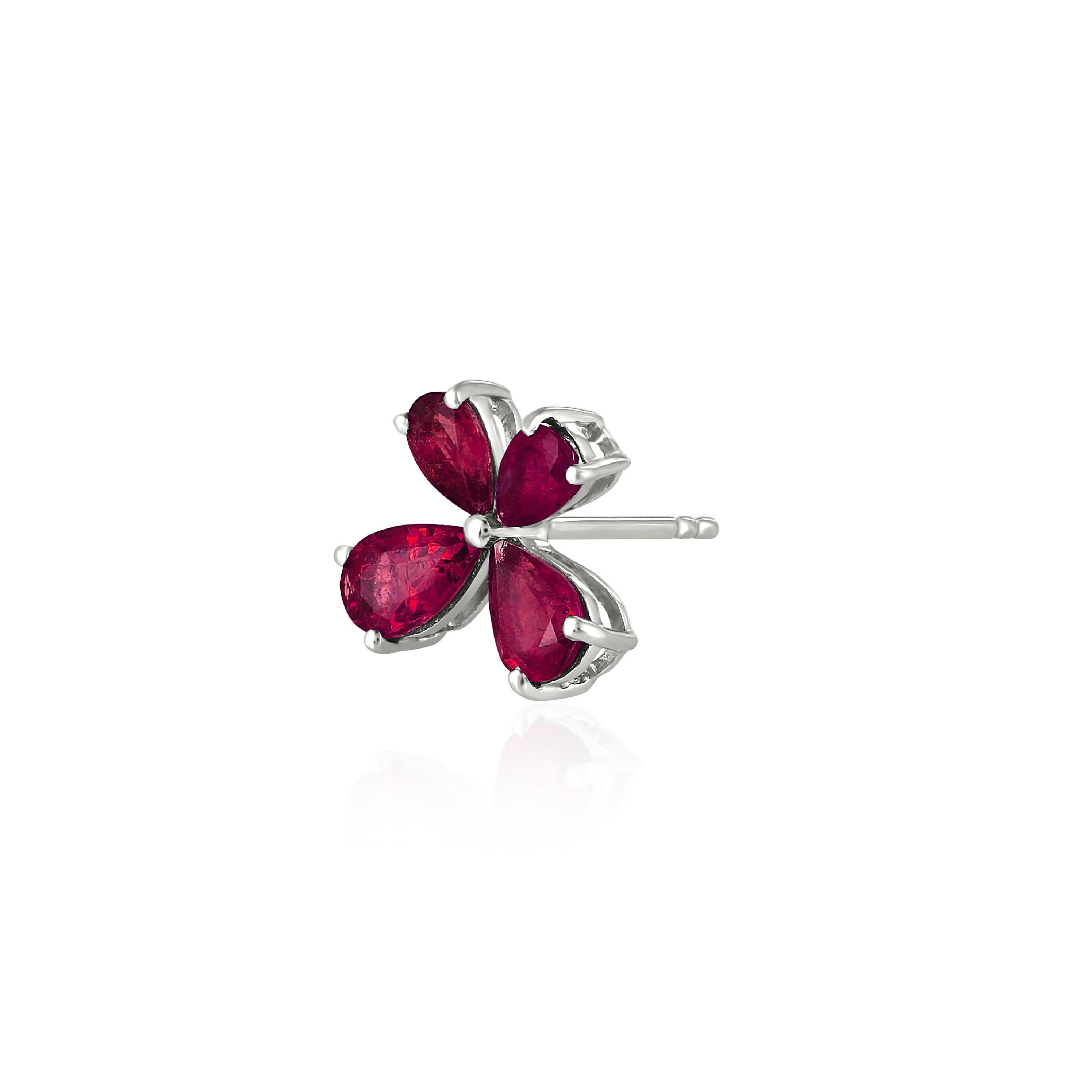Contemporary Gemistry 2.45 Cttw. Pear Shaped Ruby Floral Stud Earrings in 18k White Gold For Sale