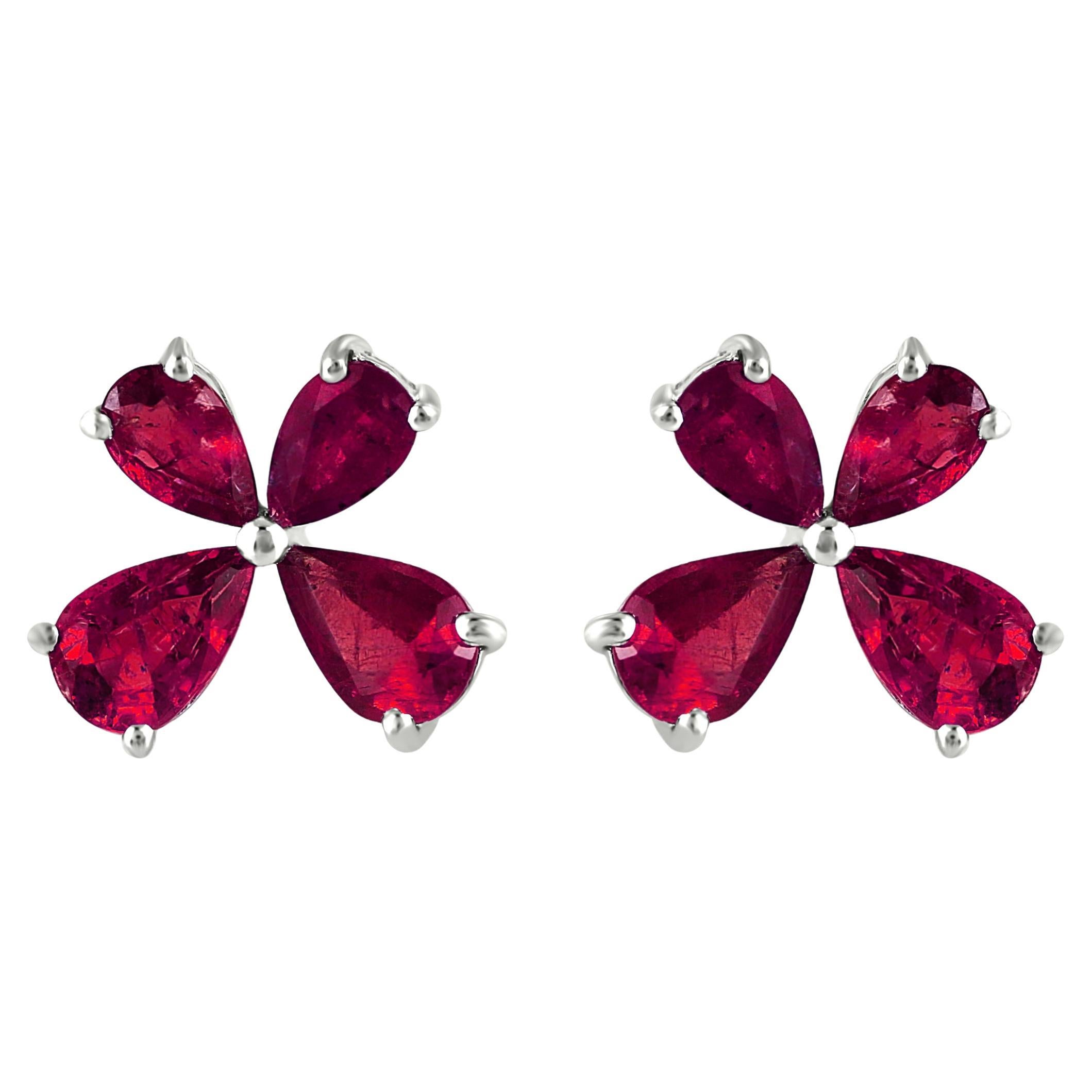 Gemistry 2.45 Cttw. Pear Shaped Ruby Floral Stud Earrings in 18k White Gold