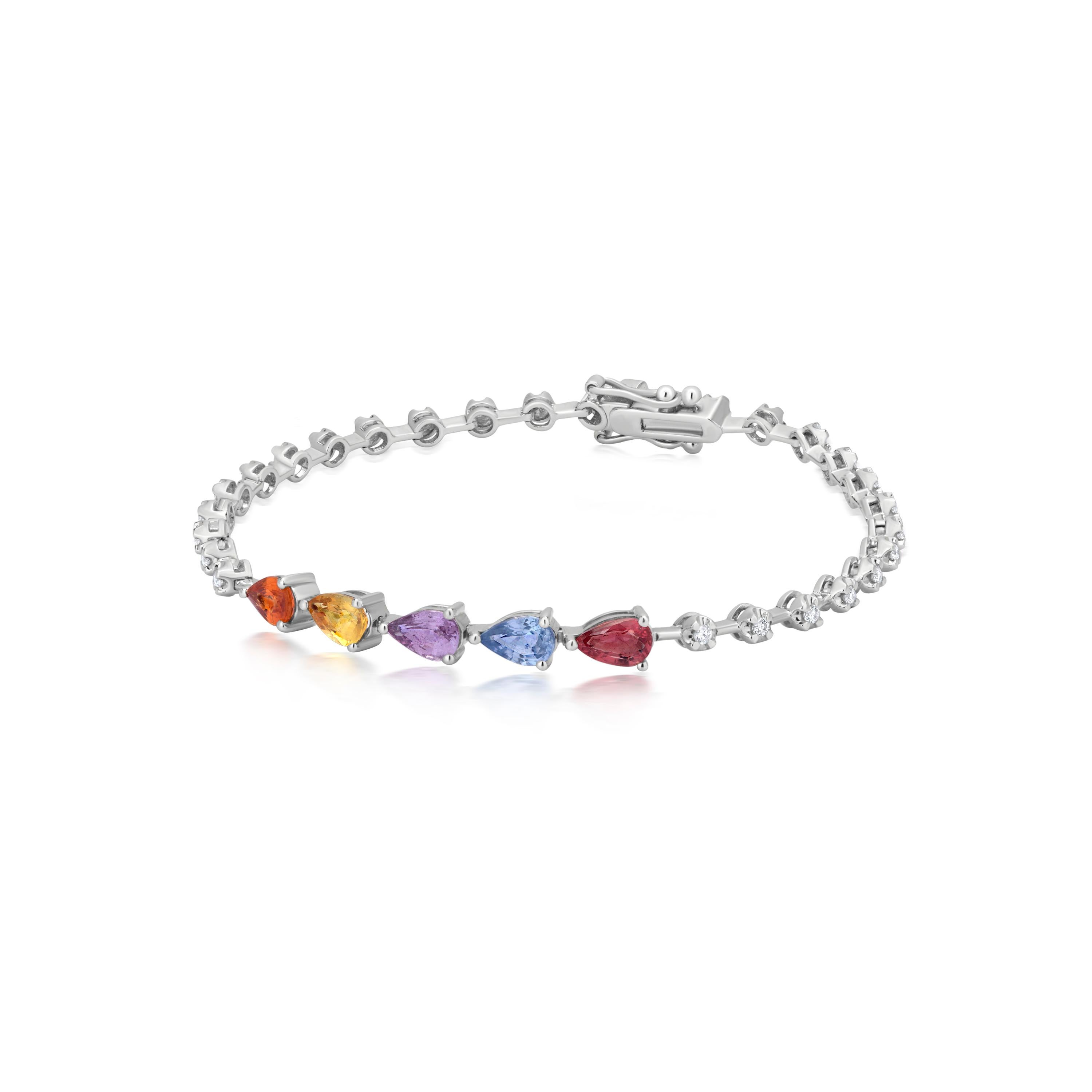 Contemporary Gemistry 2.79ct T.W. Multi Sapphire and Diamond Link Bracelet in 18k White Gold For Sale