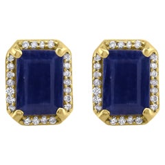 Gemistry 2.9 Carat Octagon Blue Sapphire Stud Earrings with Diamond in 14K Gold