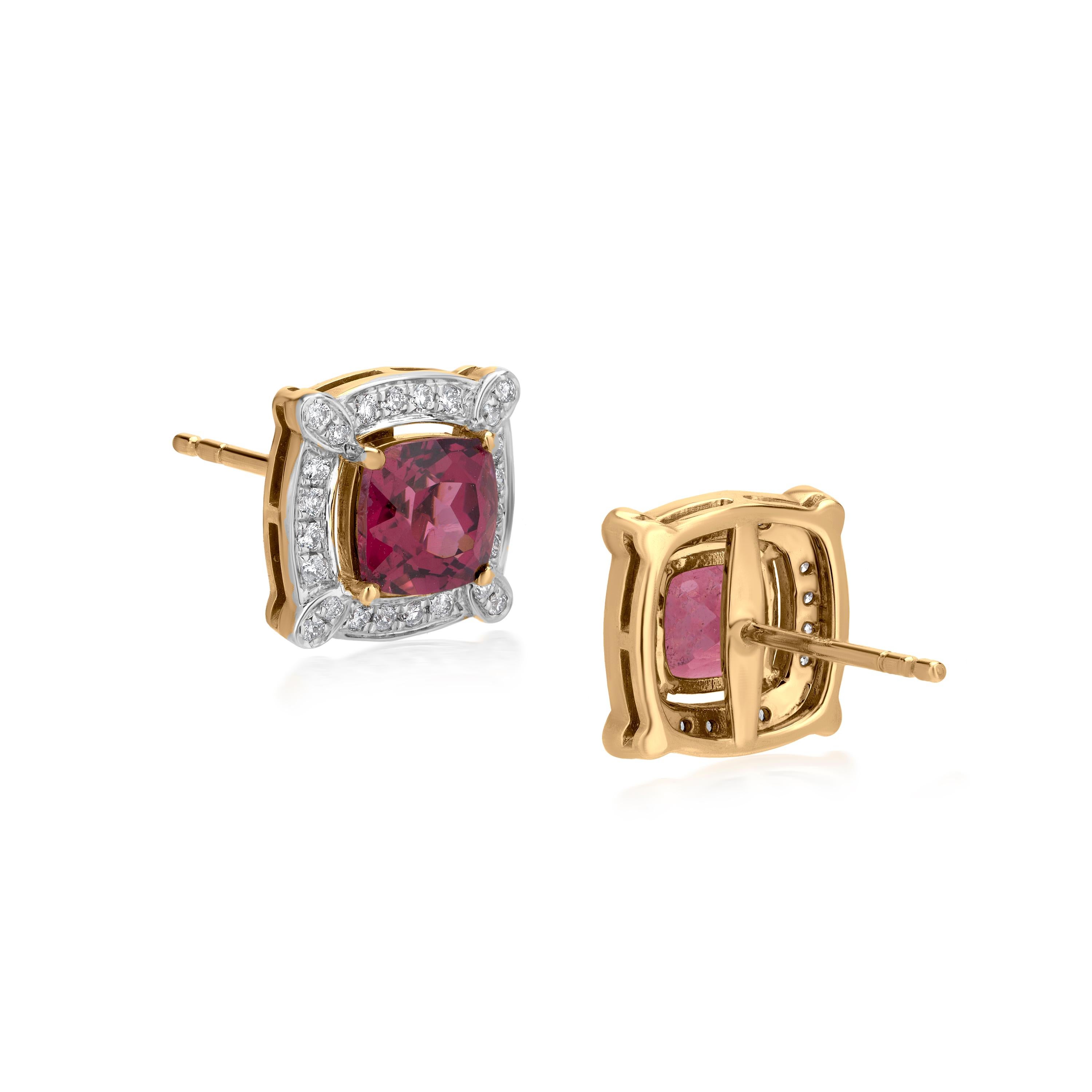 Cushion Cut Gemistry 2.94cttw Diamond Pave and Pink Garnet Prong Halo Stud Earrings For Sale