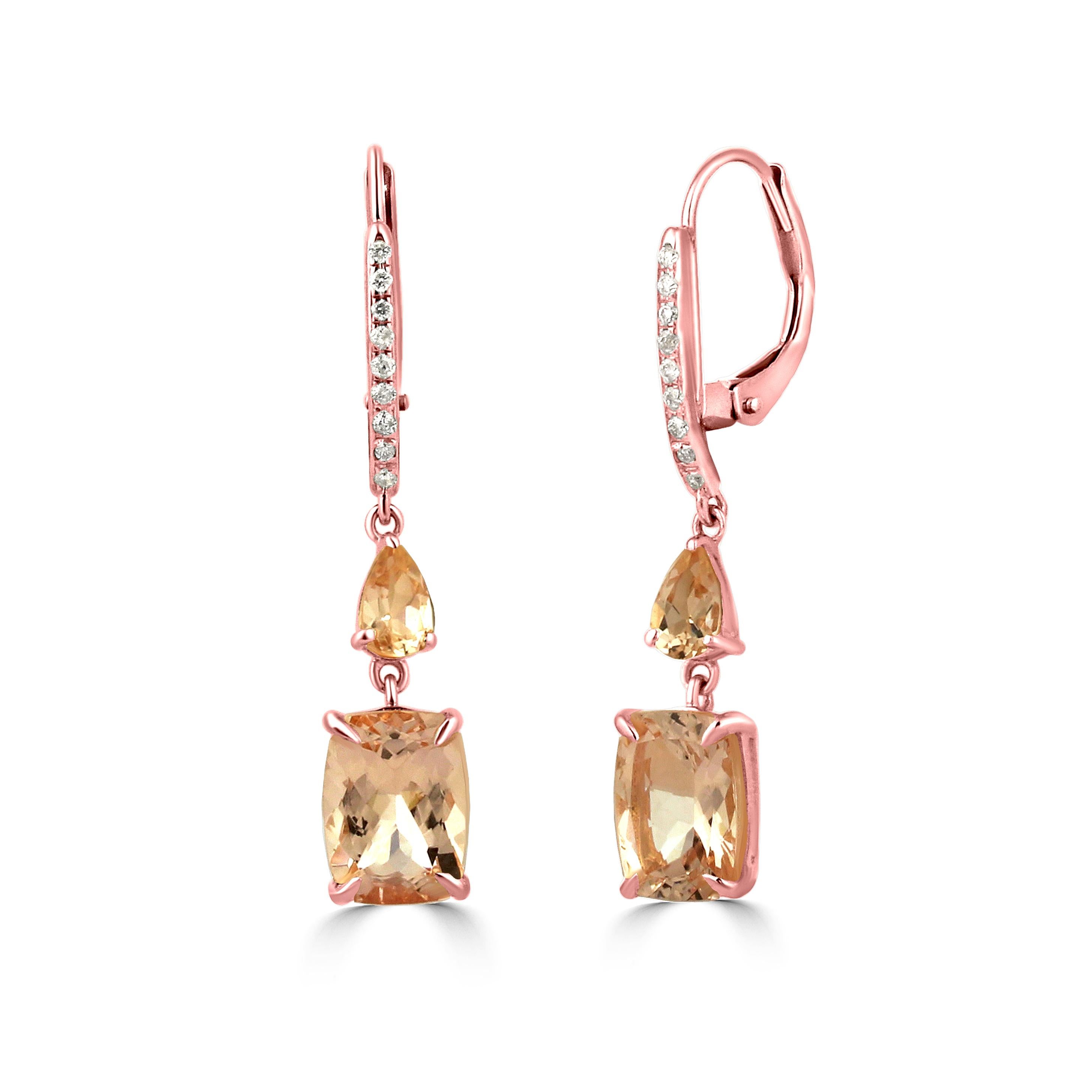 Richten Sie Ihr Augenmerk auf diese hübschen rosa Edelsteintropfenohrringe von Gemistry! Exotische Morganit-Tropfen im Kissen- und Birnenschliff mit einem Gewicht von 2,99 ct. funkeln aus 14 Karat Roségold und werden von runden Diamanten im