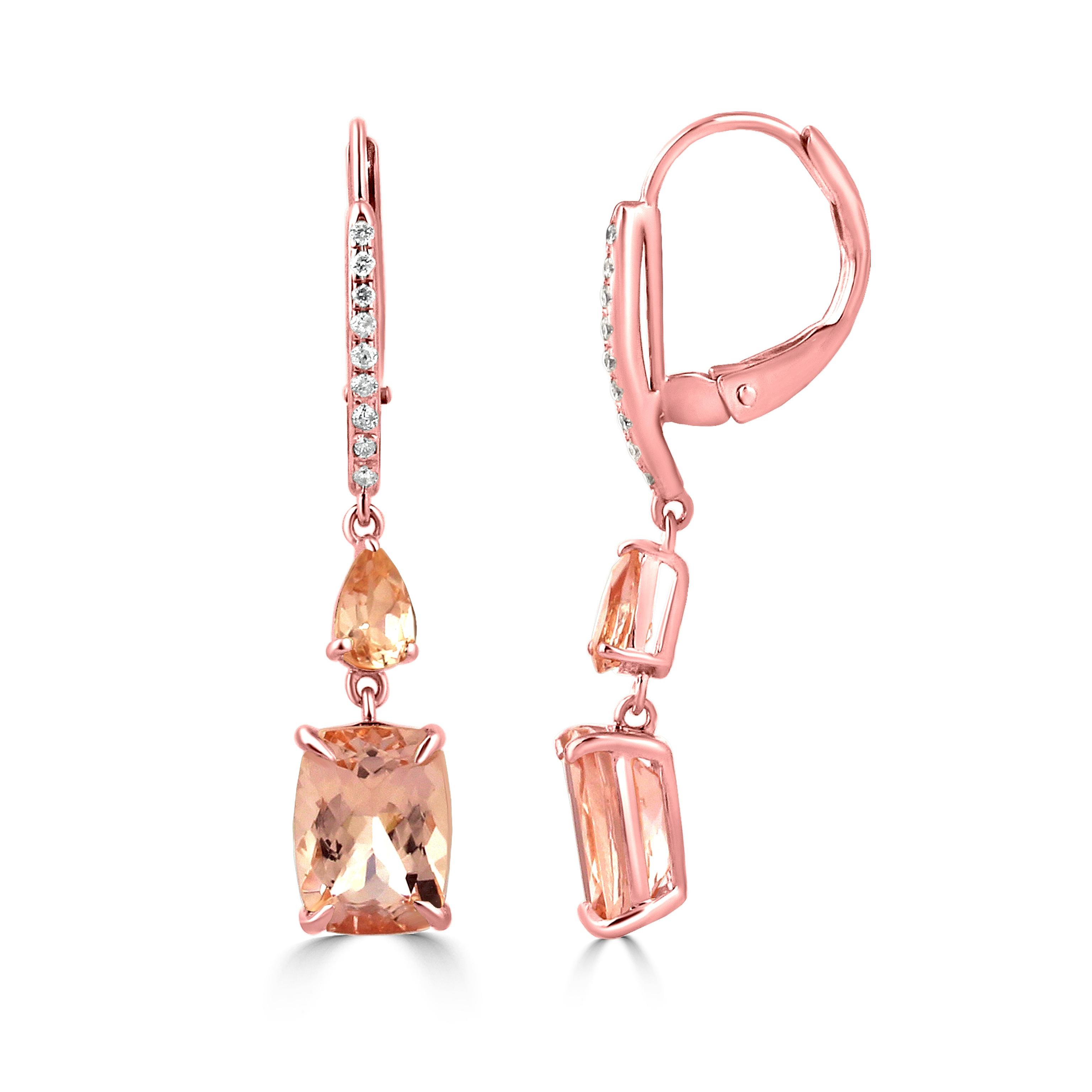 Contemporary Gemistry 2.99 Carat T.W. Cushion & Pear Morganite Leverback Drop Earrings For Sale