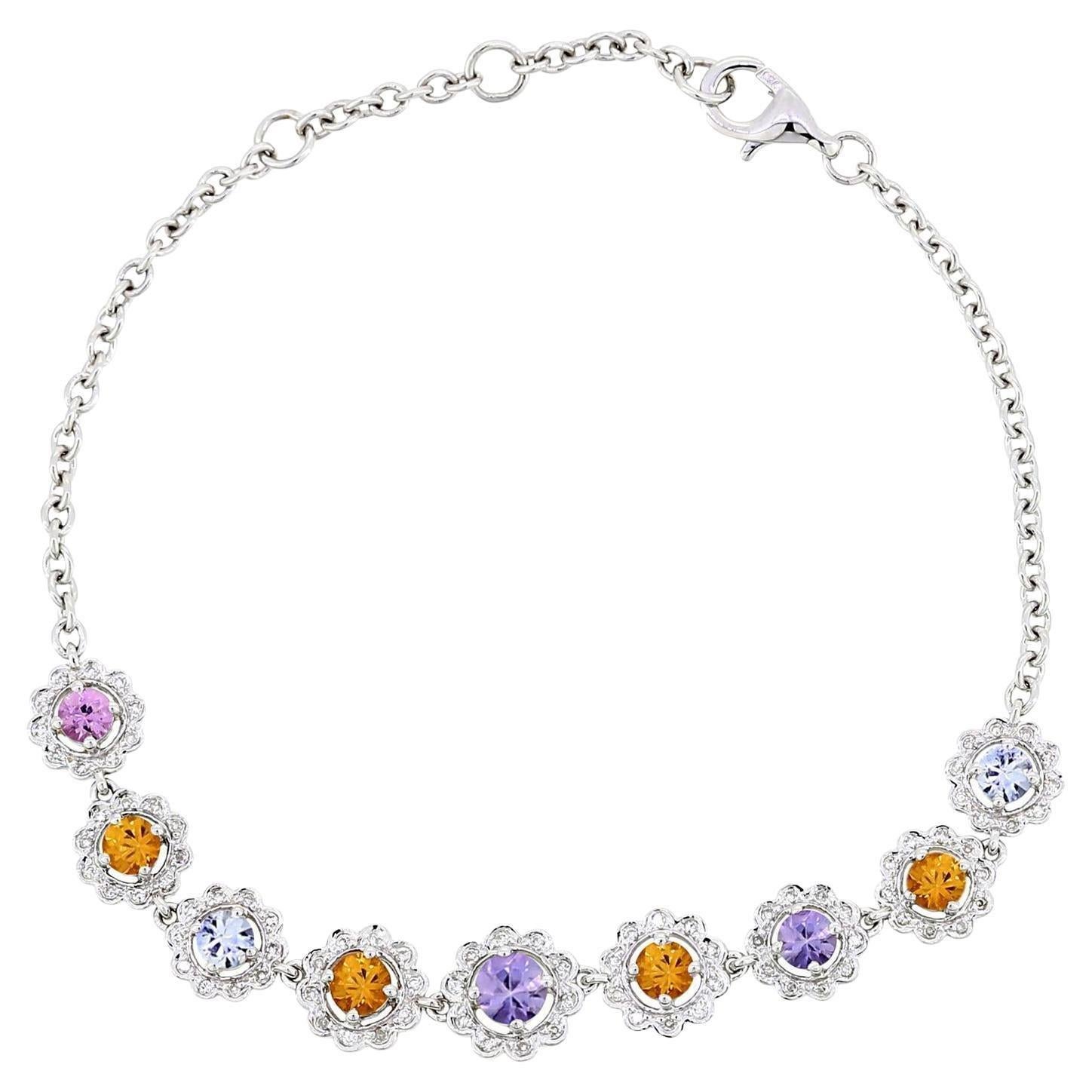 Artisan 2.15 Cttw Natural Multi-Colored Sapphire/Diamond Bracelet in 18K White Gold