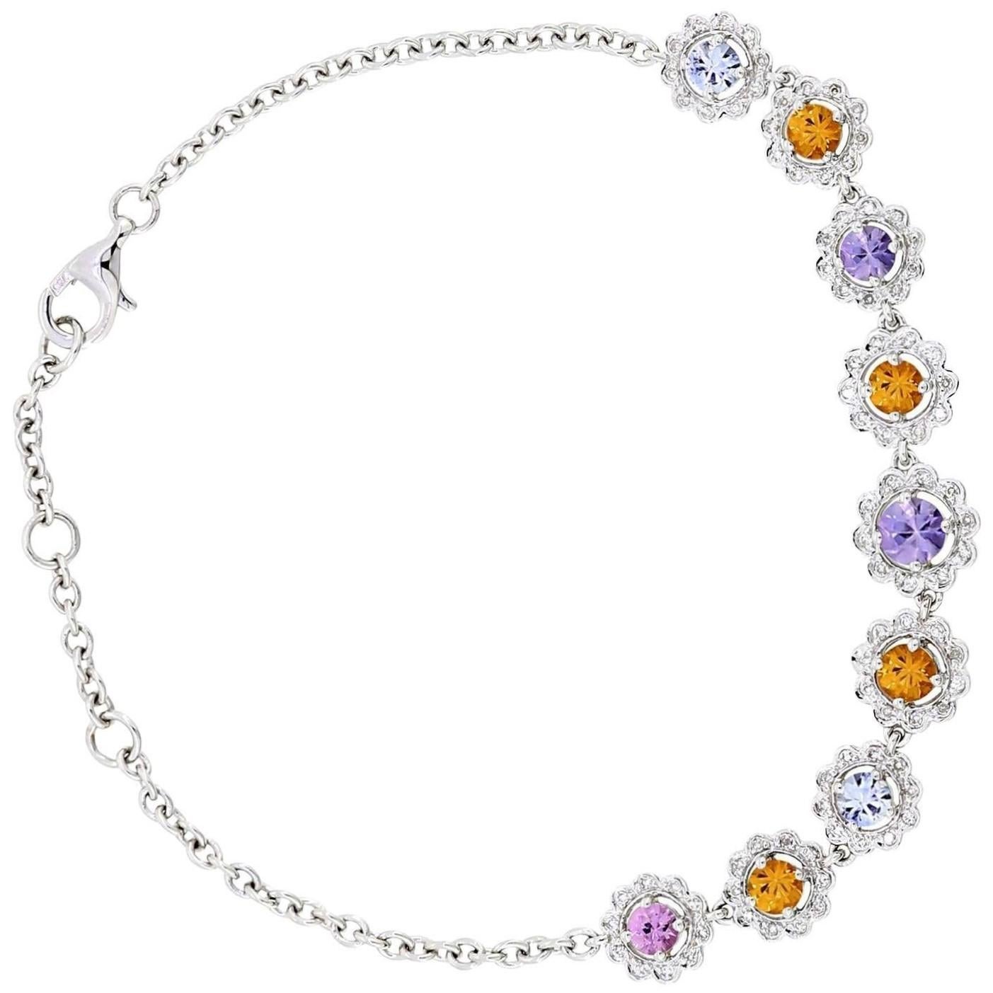 Round Cut 2.15 Cttw Natural Multi-Colored Sapphire/Diamond Bracelet in 18K White Gold