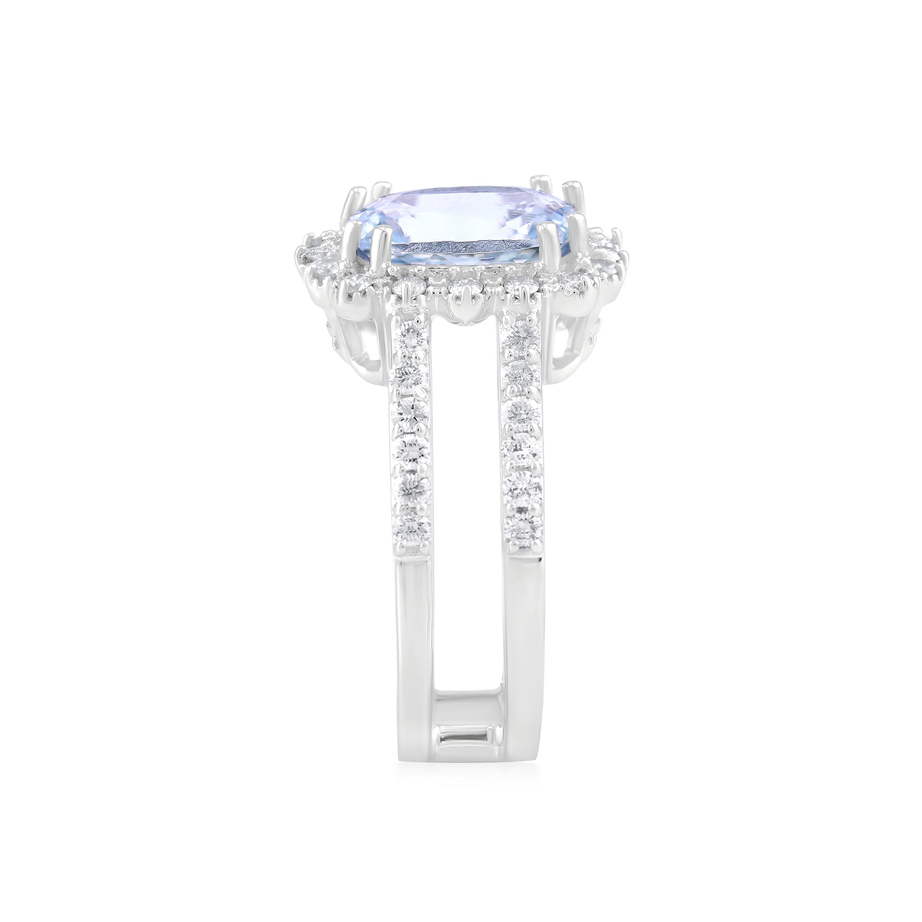 Contemporary Gemistry 3.24ct. T.W. Aquamarine and Diamond Split Shank Ring in 14k White Gold For Sale