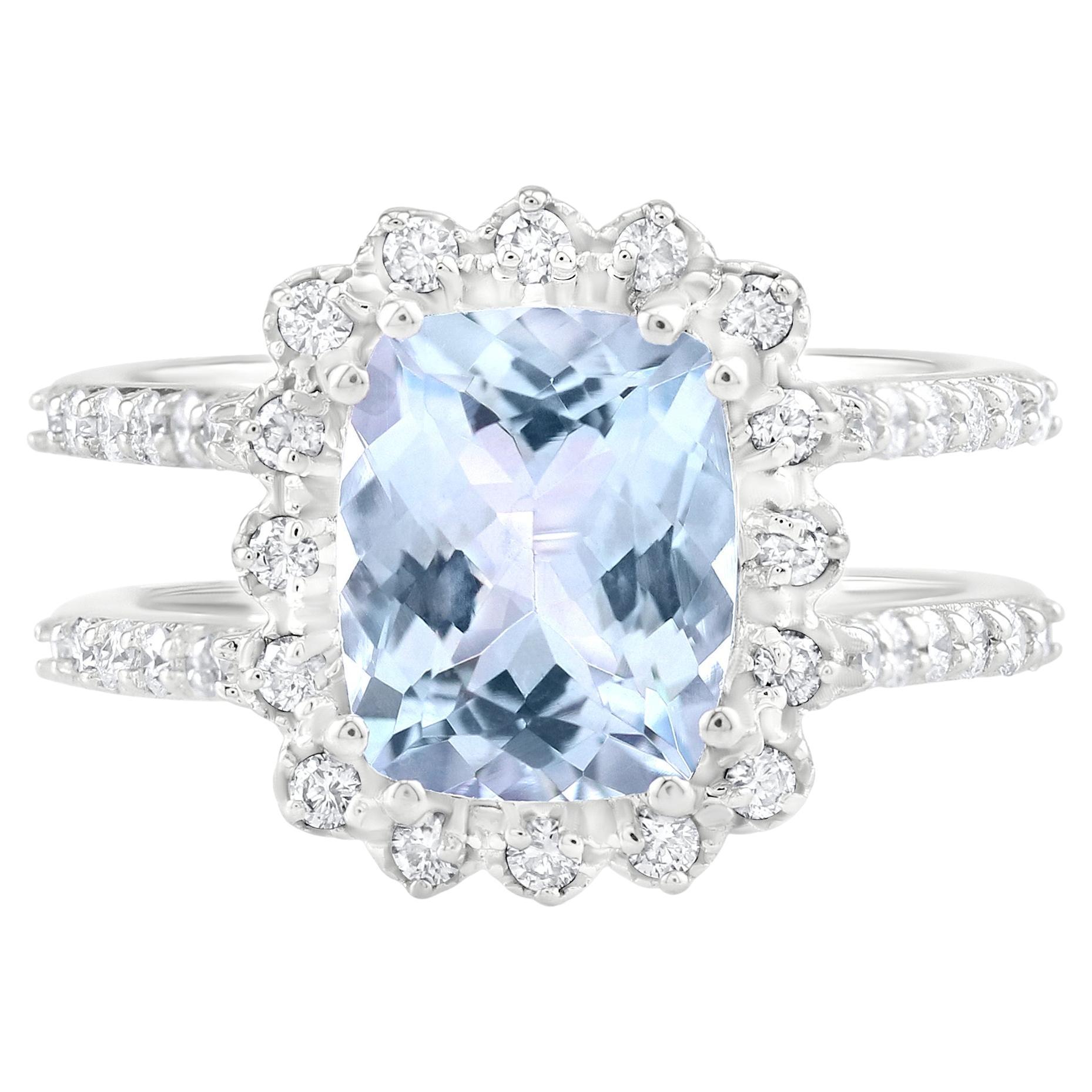Gemistry 3.24ct. T.W. Aquamarine and Diamond Split Shank Ring in 14k White Gold For Sale