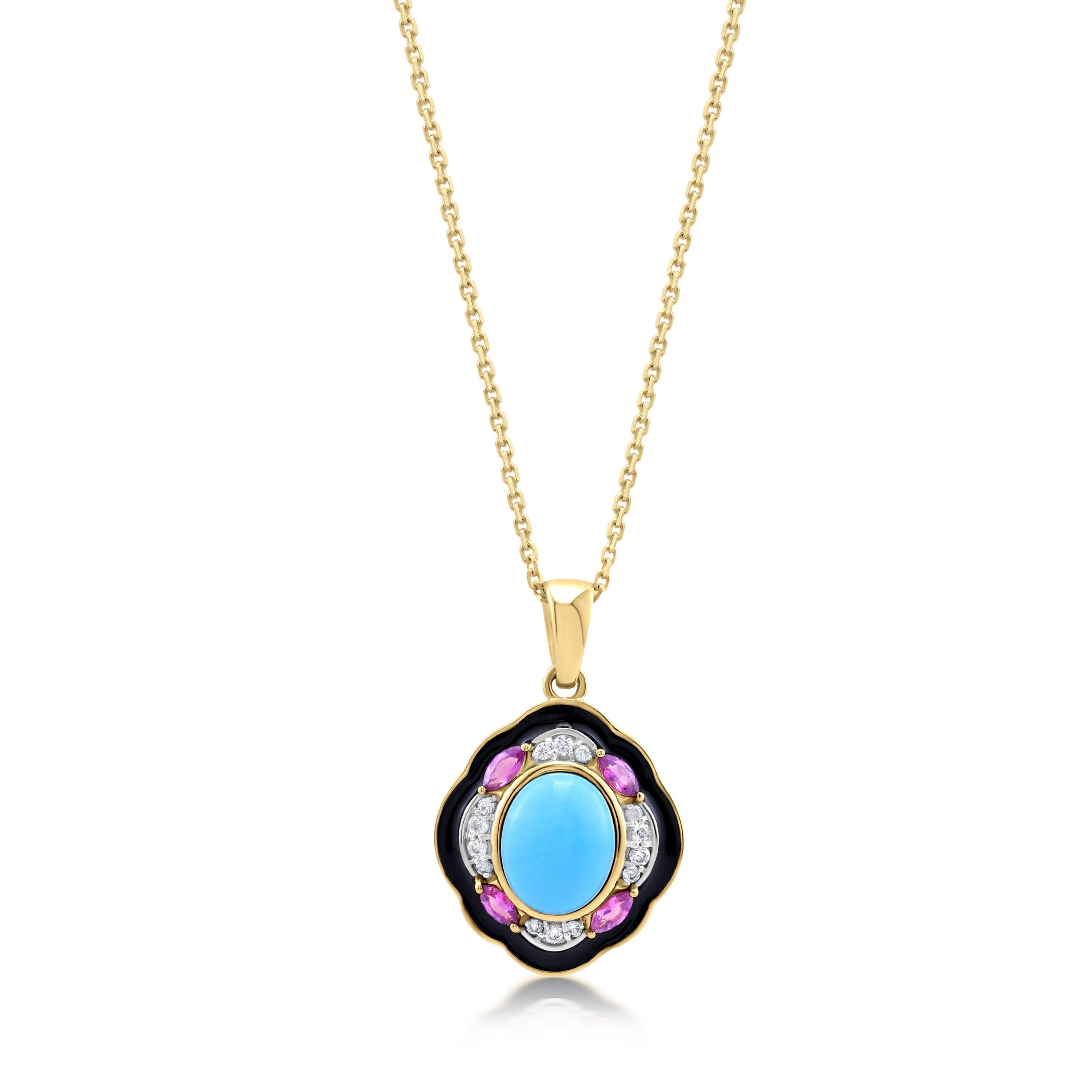 Add a touch of vibrant color to your everyday style with this stunning Turquoise and Rhodolite Pendant. The oval-shaped turquoise gemstone is beautifully set in a floral design, surrounded by sparkling rhodolite and white natural zircon gemstones.